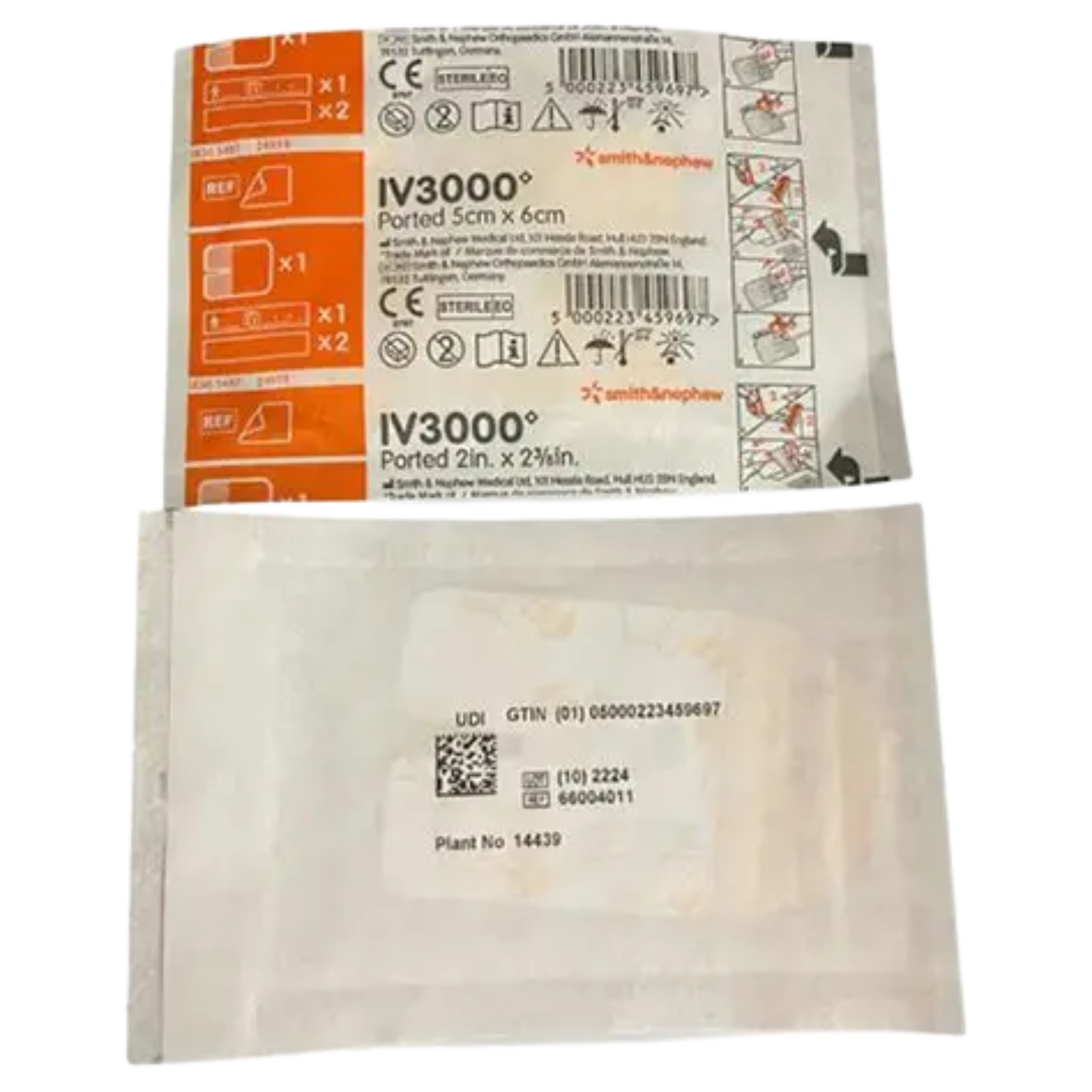 The front and back of a sterile individual sachet for an IV3000 Ported dressing, showing application instructions and product codes.
