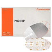 Detailed view of a Smith & Nephew IV3000 Ported dressing showing its 9cm x 12cm dimensions and the patterned moisture-responsive film.