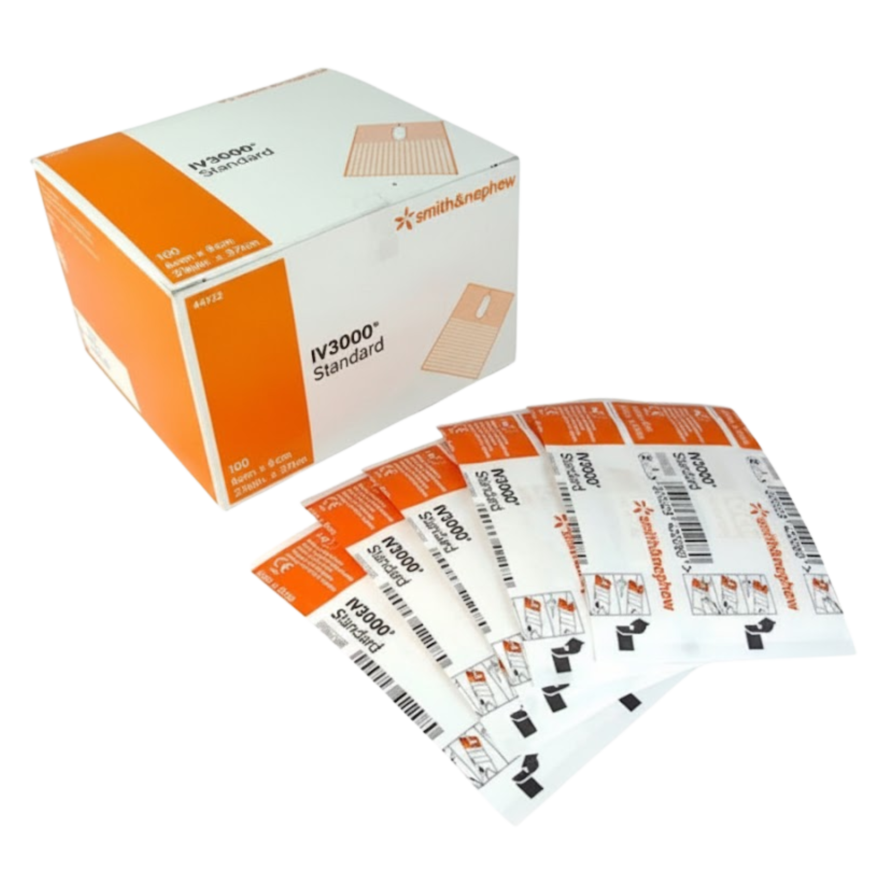 Box and fan-folded sachets of IV3000 Standard transparent dressings, 6cm x 7cm, 100 count, Ref #4923.