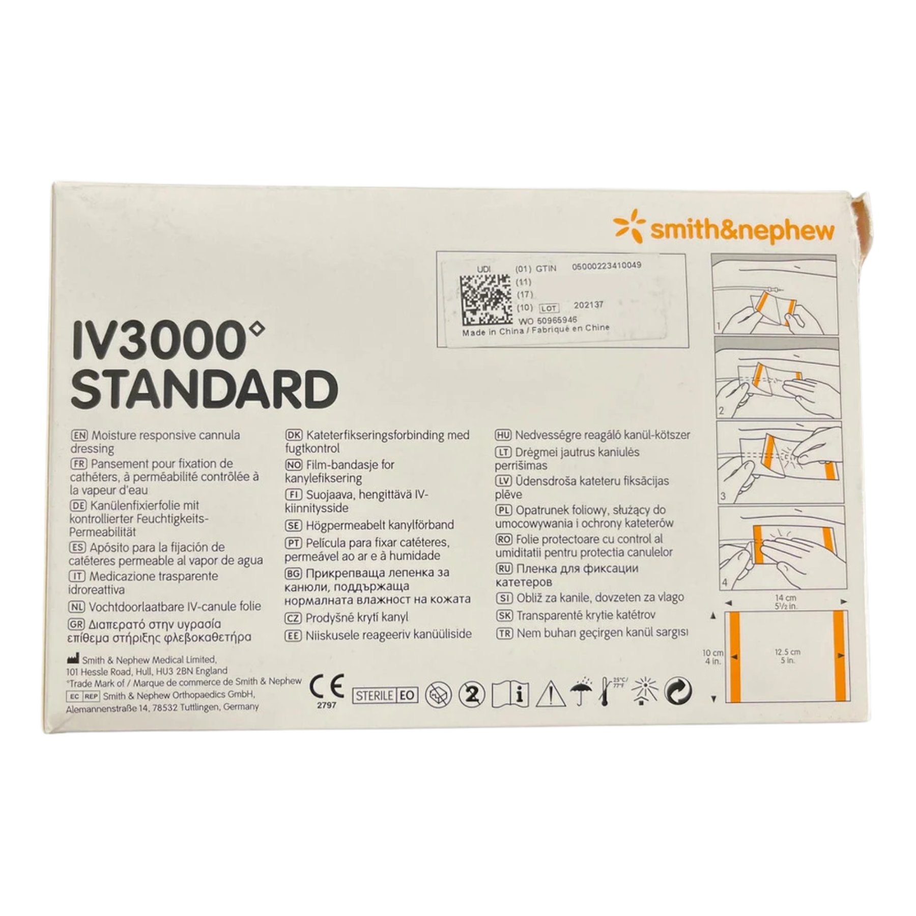 Back of the IV3000 Standard dressing box showing multi-language descriptions and visual application instructions for the 10cm x 14cm size.