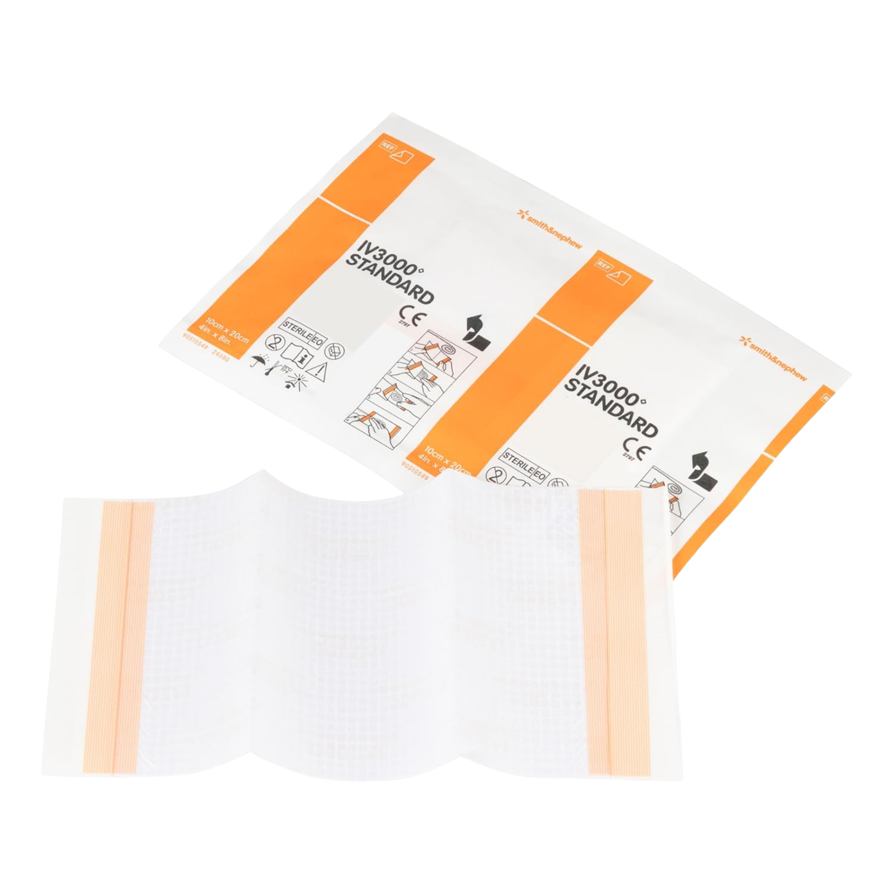 An individual sterile sachet and an unpacked IV3000 Standard 10cm x 20cm transparent film dressing showing the application tabs.