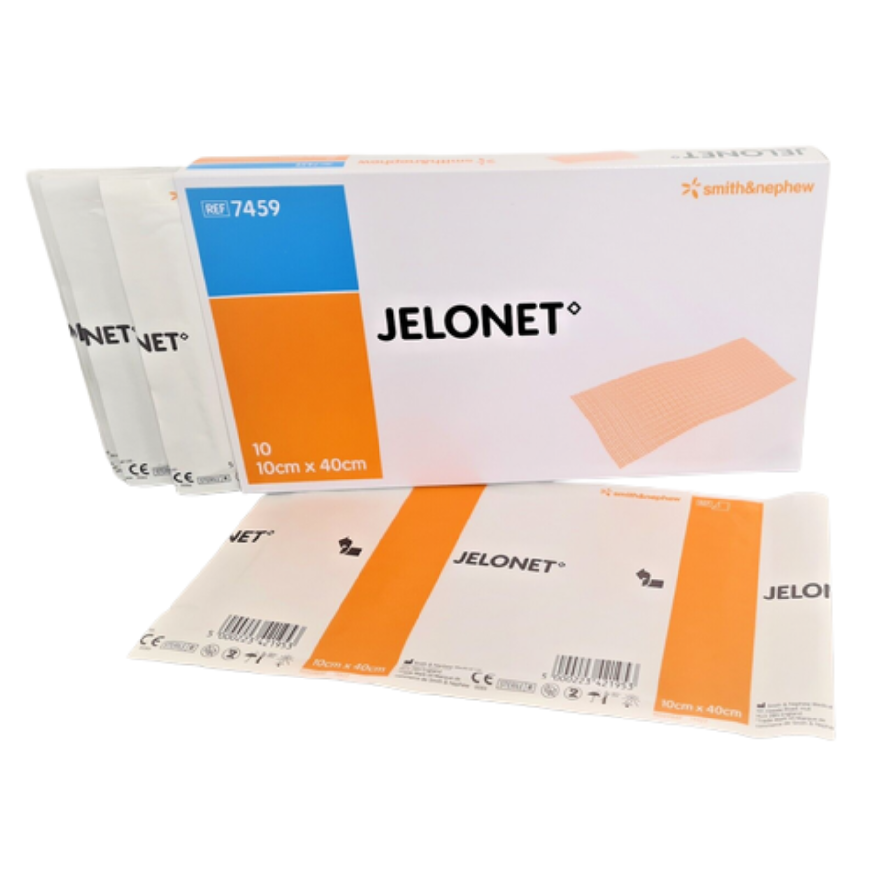 A box of Smith & Nephew JELONET paraffin gauze dressings (size 10cm x 40cm) displayed with several individual sterile foil pouches and a large unfolded sachet.