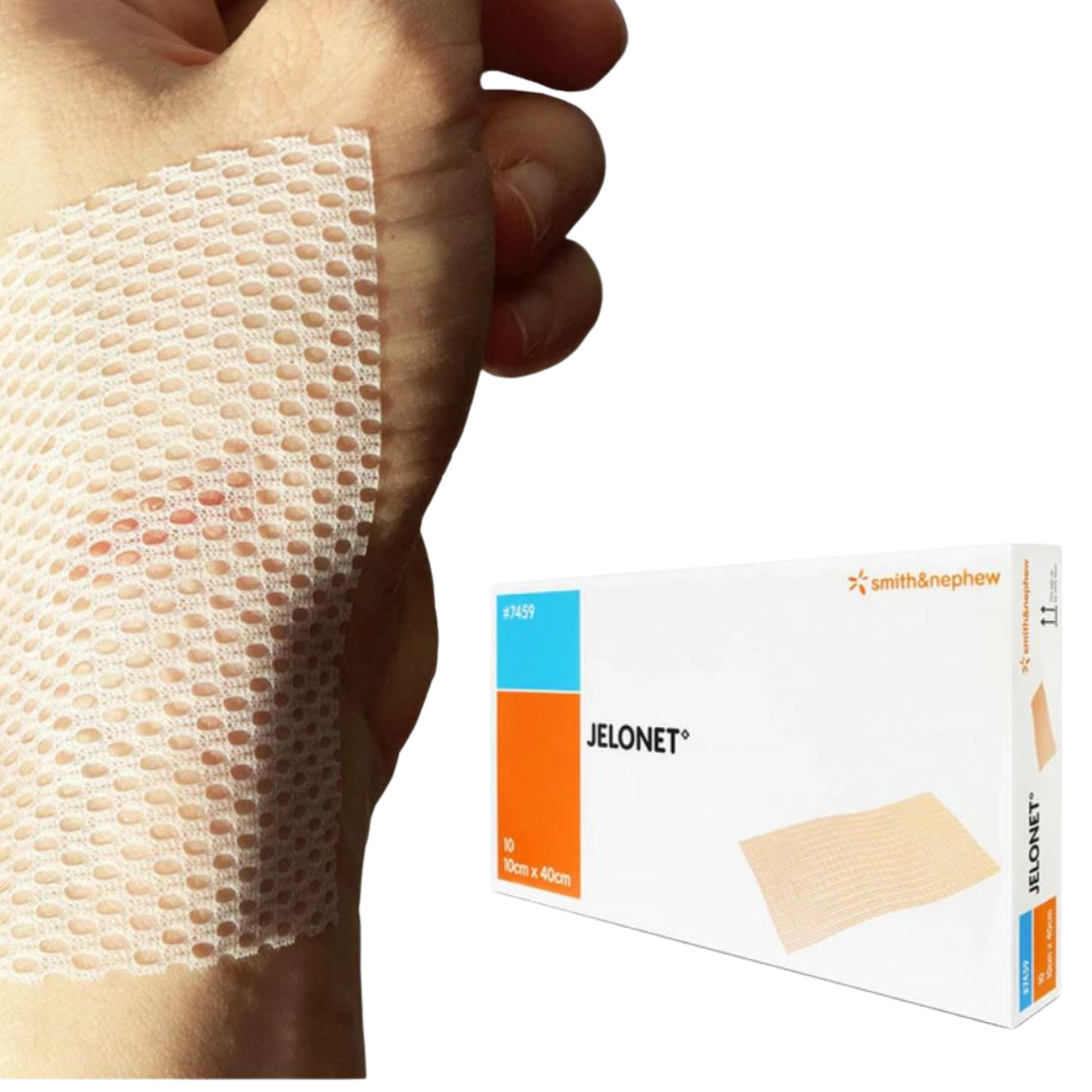 A piece of JELONET paraffin gauze dressing being applied to a hand, demonstrating its open-weave mesh structure, shown next to a 10-pack box of 10cm x 40cm dressings (REF 7459).