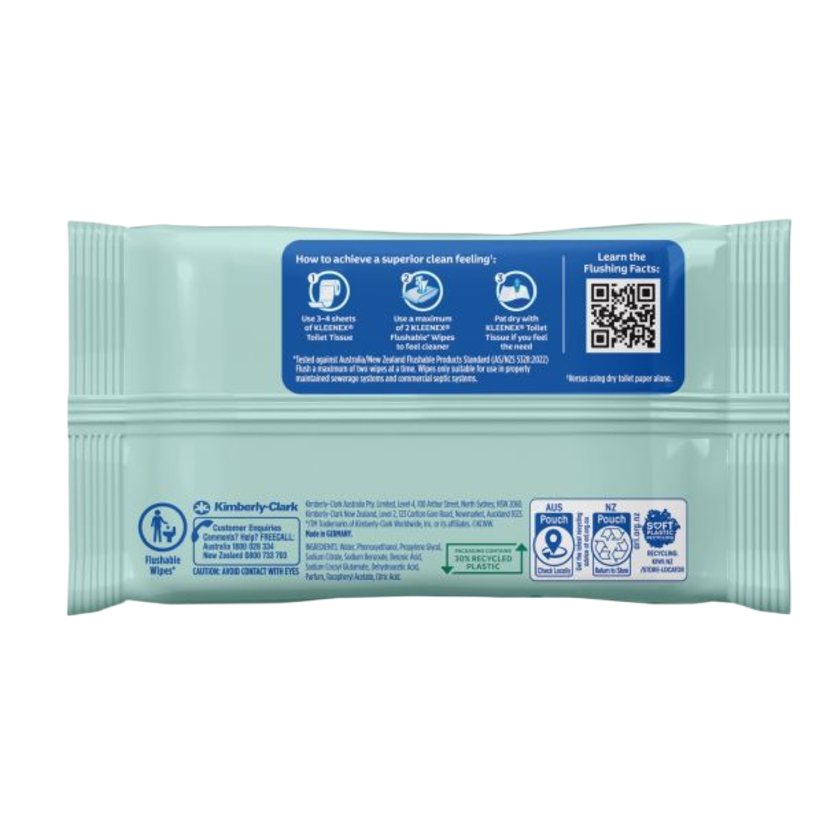 Back label of Cotton Fresh Kleenex Flushable Wipes featuring a QR code for flushing facts and the 30% recycled plastic packaging logo.
