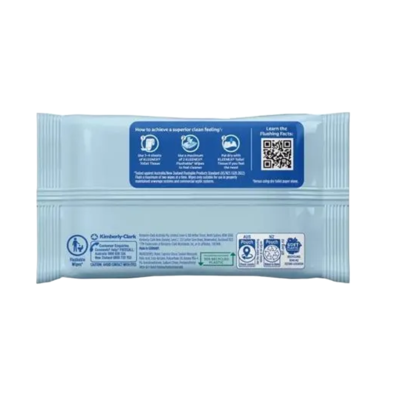 Back of the Kleenex Flushable Wipes package showing usage instructions, disposal information, and the AS/NZS 5328 flushable standard certification.