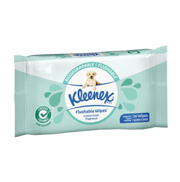 Front packaging of Kleenex Flushable Wipes in Cotton Fresh fragrance, 36 wipes per pack, certified flushable to AS/NZS 5328 standards.