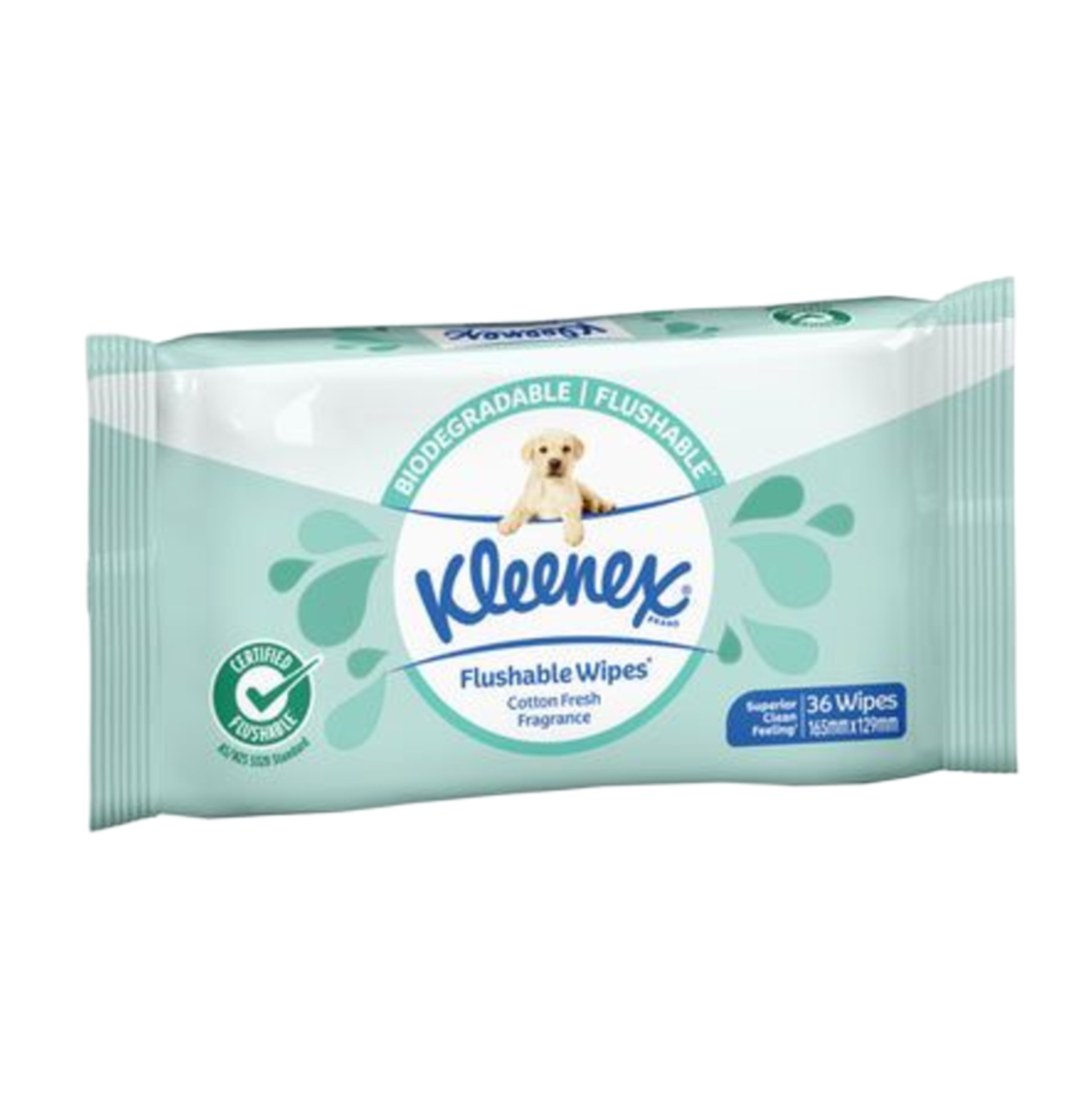 Front packaging of Kleenex Flushable Wipes in Cotton Fresh fragrance, 36 wipes per pack, certified flushable to AS/NZS 5328 standards.