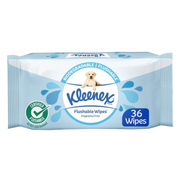 Front packaging of Kleenex Flushable Wipes, fragrance-free and biodegradable, containing 36 wipes per pack.