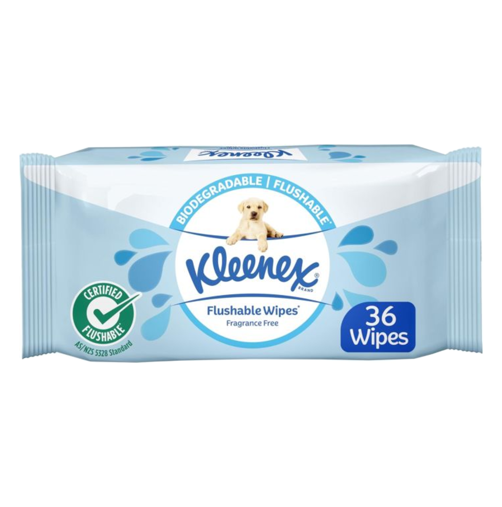 Front packaging of Kleenex Flushable Wipes, fragrance-free and biodegradable, containing 36 wipes per pack.