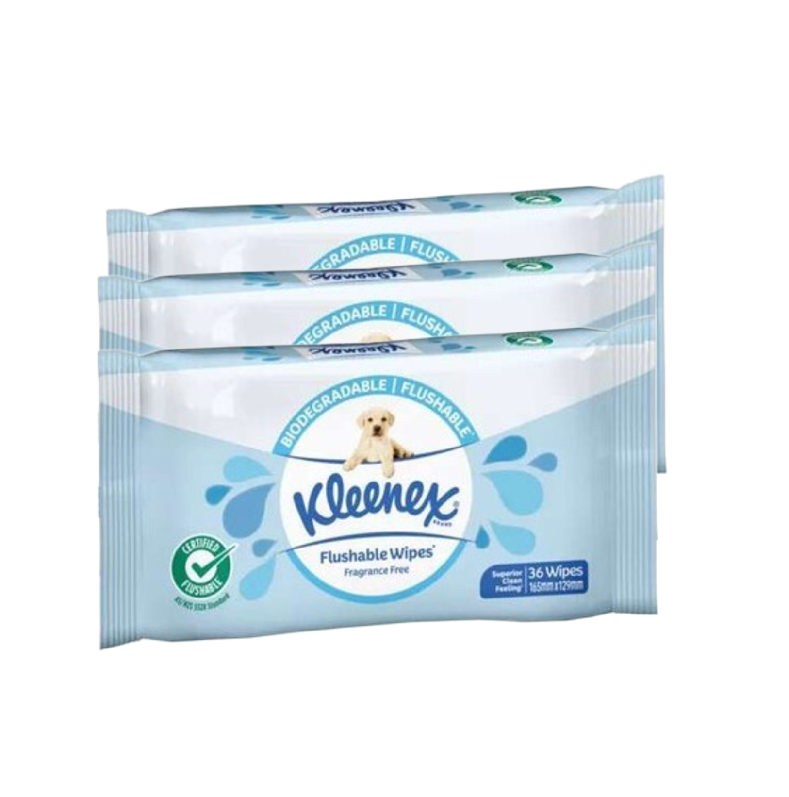 A stack of three Kleenex Flushable Wipes packs, each containing 36 fragrance-free, biodegradable wipes.