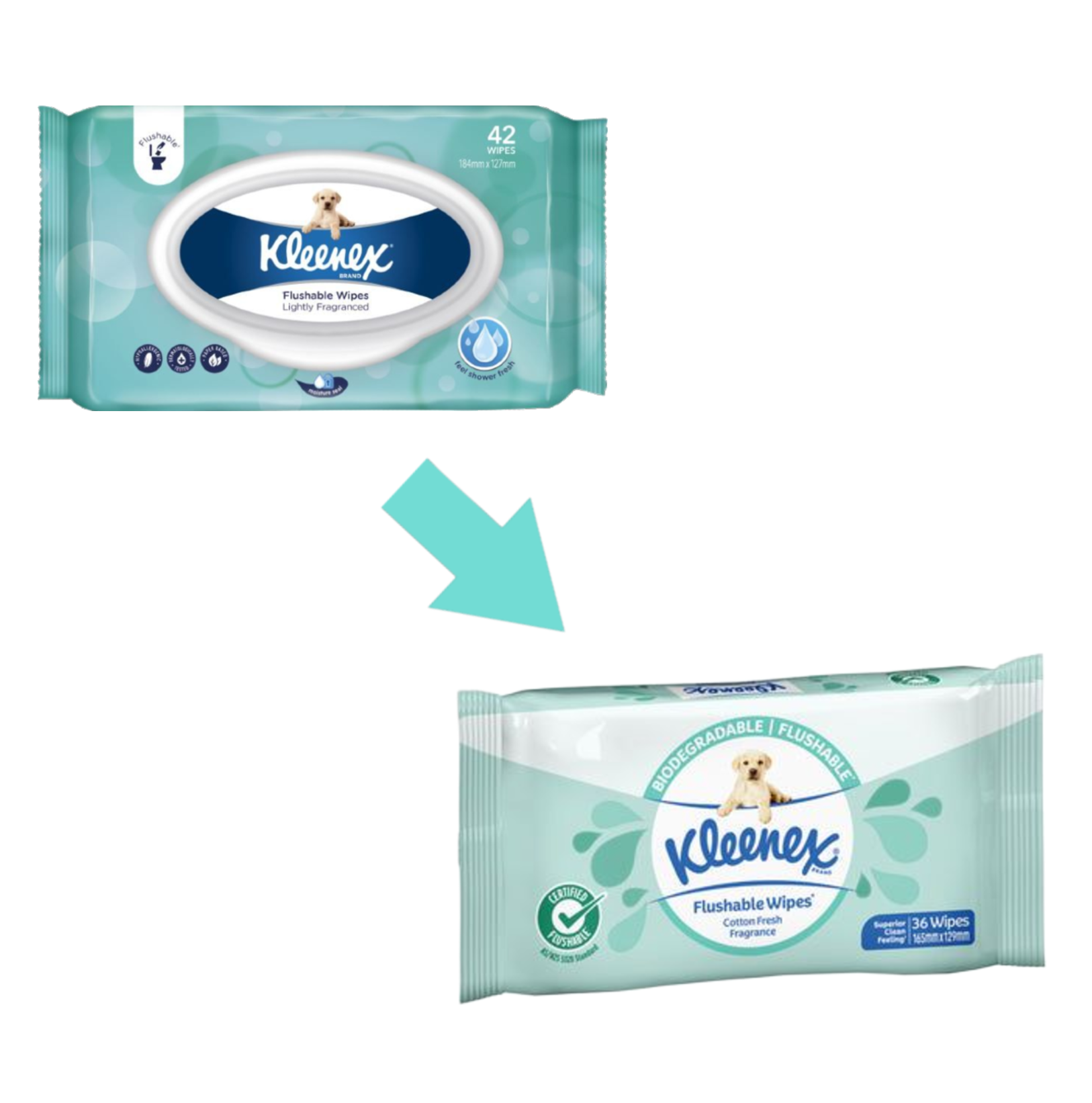 Comparison graphic showing the transition from the old Kleenex 42-wipe lightly fragranced tub to the new 36-wipe Cotton Fresh soft pack.