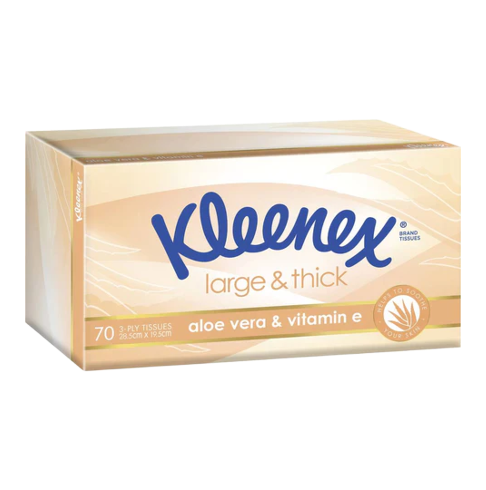 Perspective view of Kleenex Large & Thick Aloe Vera & Vitamin E tissue box containing 70 3-ply tissue.