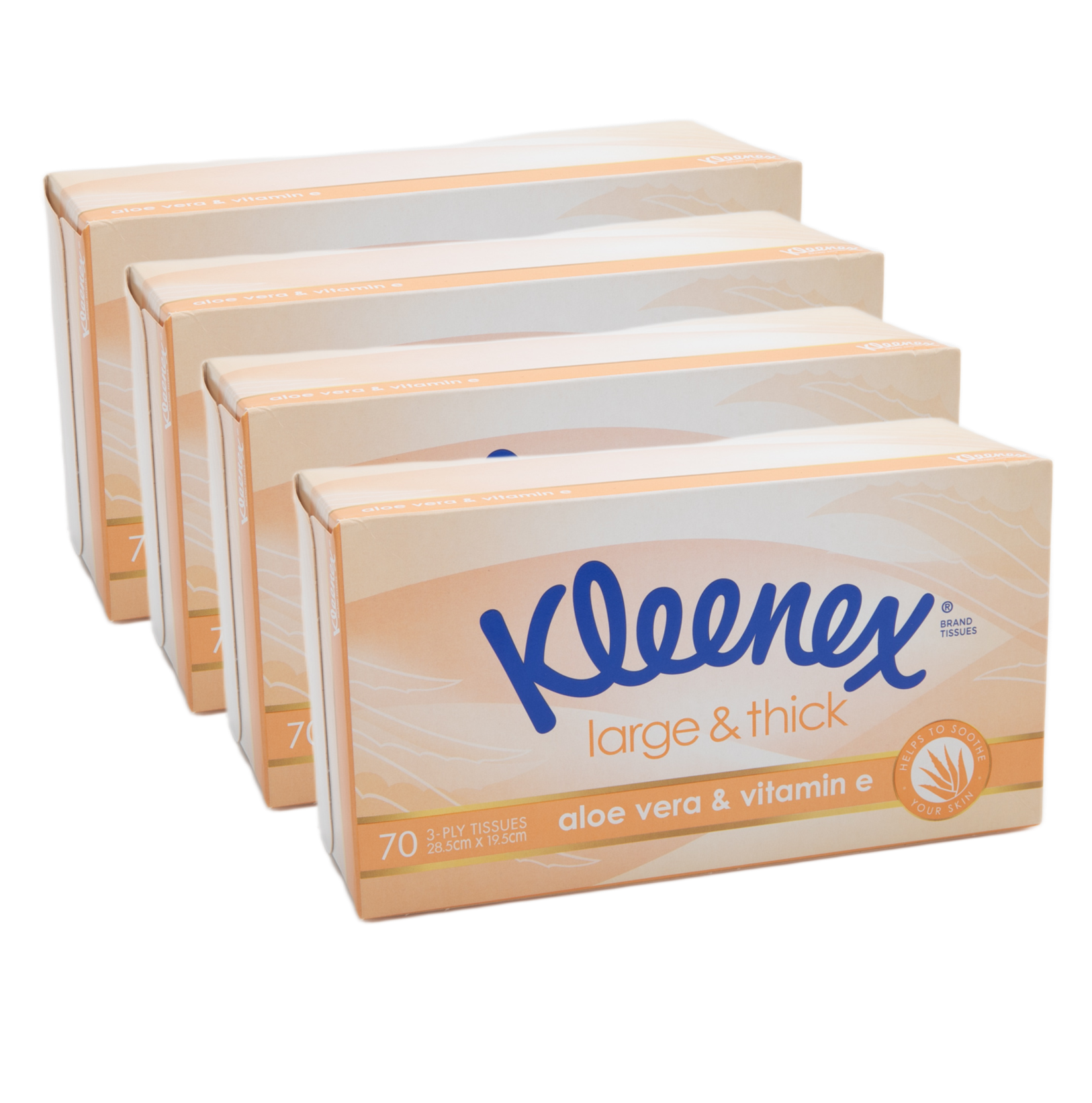 A bundle of four Kleenex Large & Thick Aloe Vera & Vitamin E tissue boxes arranged in a row.