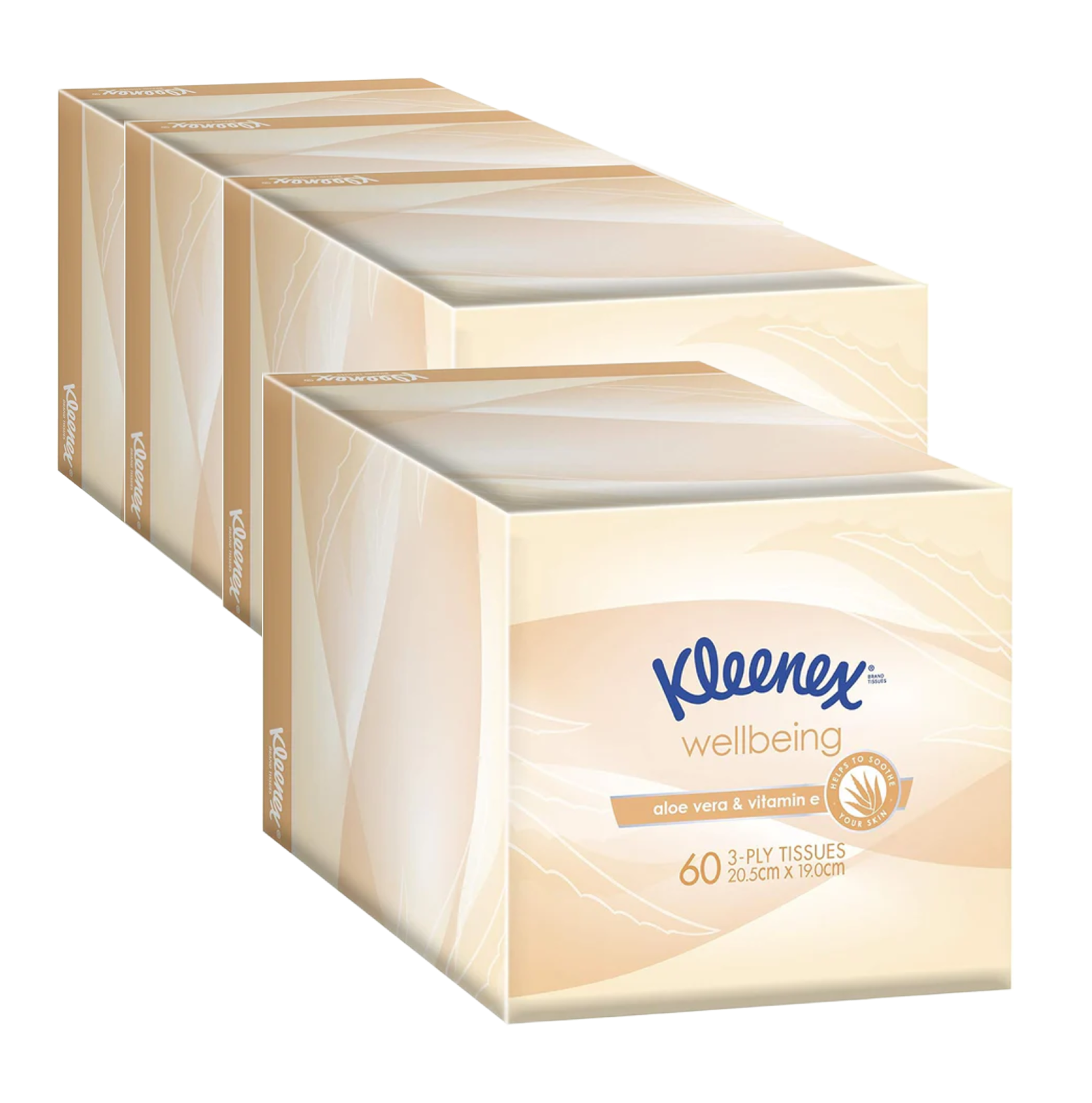 A bulk pack of Kleenex Wellbeing Aloe Vera and Vitamin E tissue boxes arranged in a row.