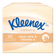 Front view of a Kleenex Wellbeing tissue box featuring Aloe Vera and Vitamin E, containing 60 count 3-ply tissues.