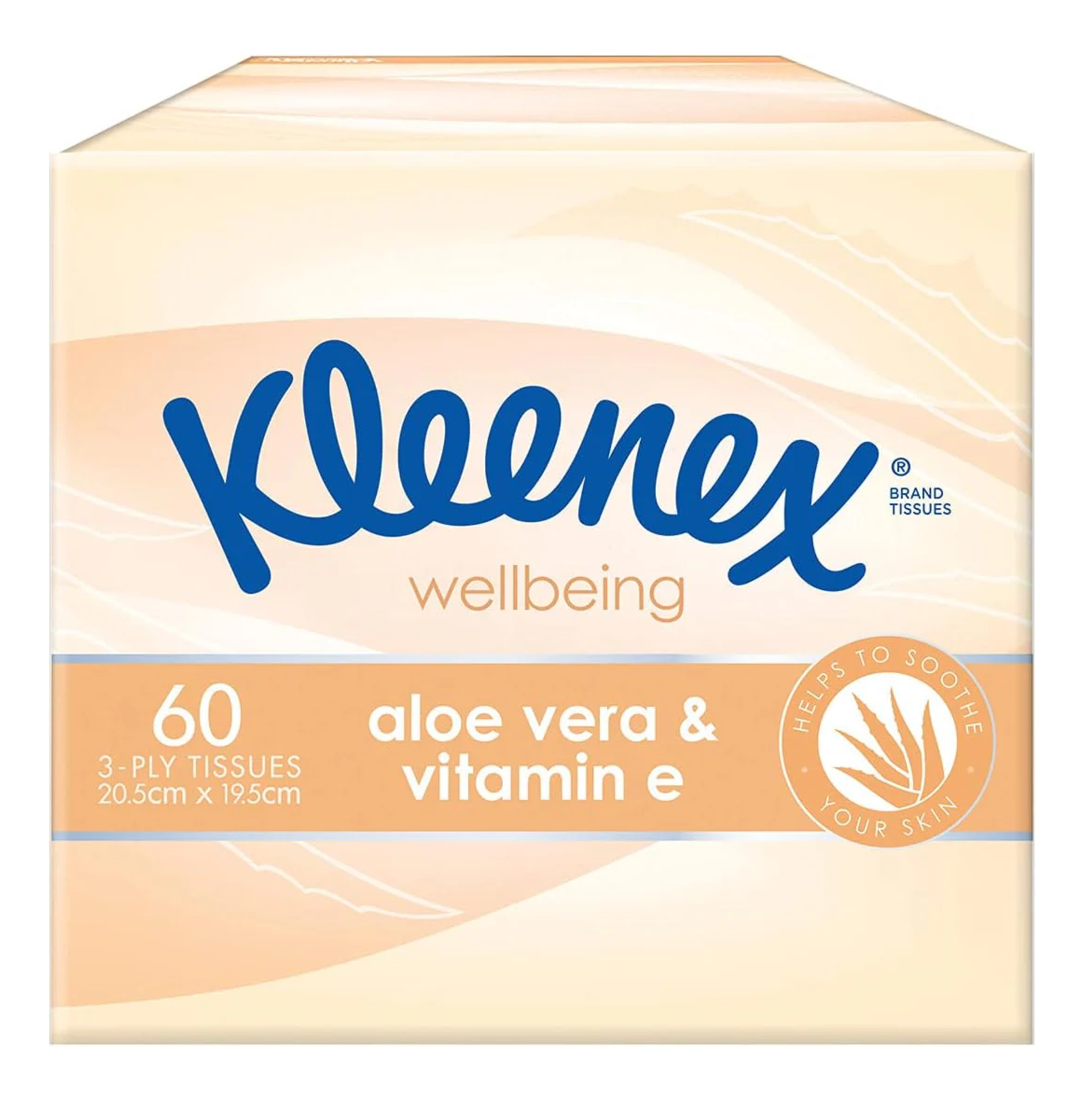 Front view of a Kleenex Wellbeing tissue box featuring Aloe Vera and Vitamin E, containing 60 count 3-ply tissues.