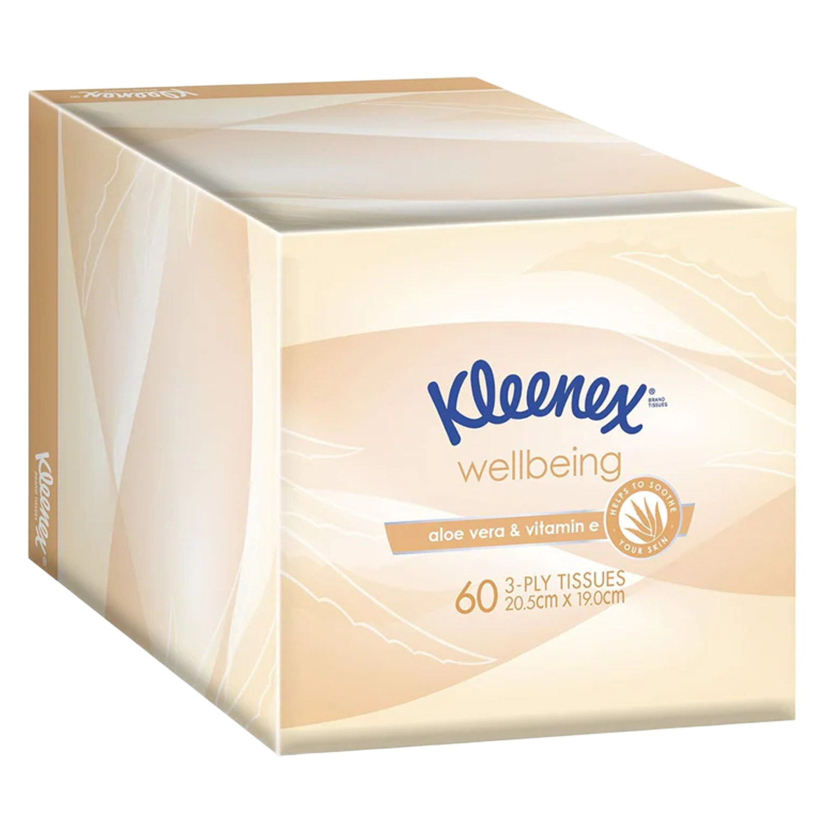 A single cube-shaped box of Kleenex Wellbeing Aloe Vera and Vitamin E facial tissues shown from a side perspective.