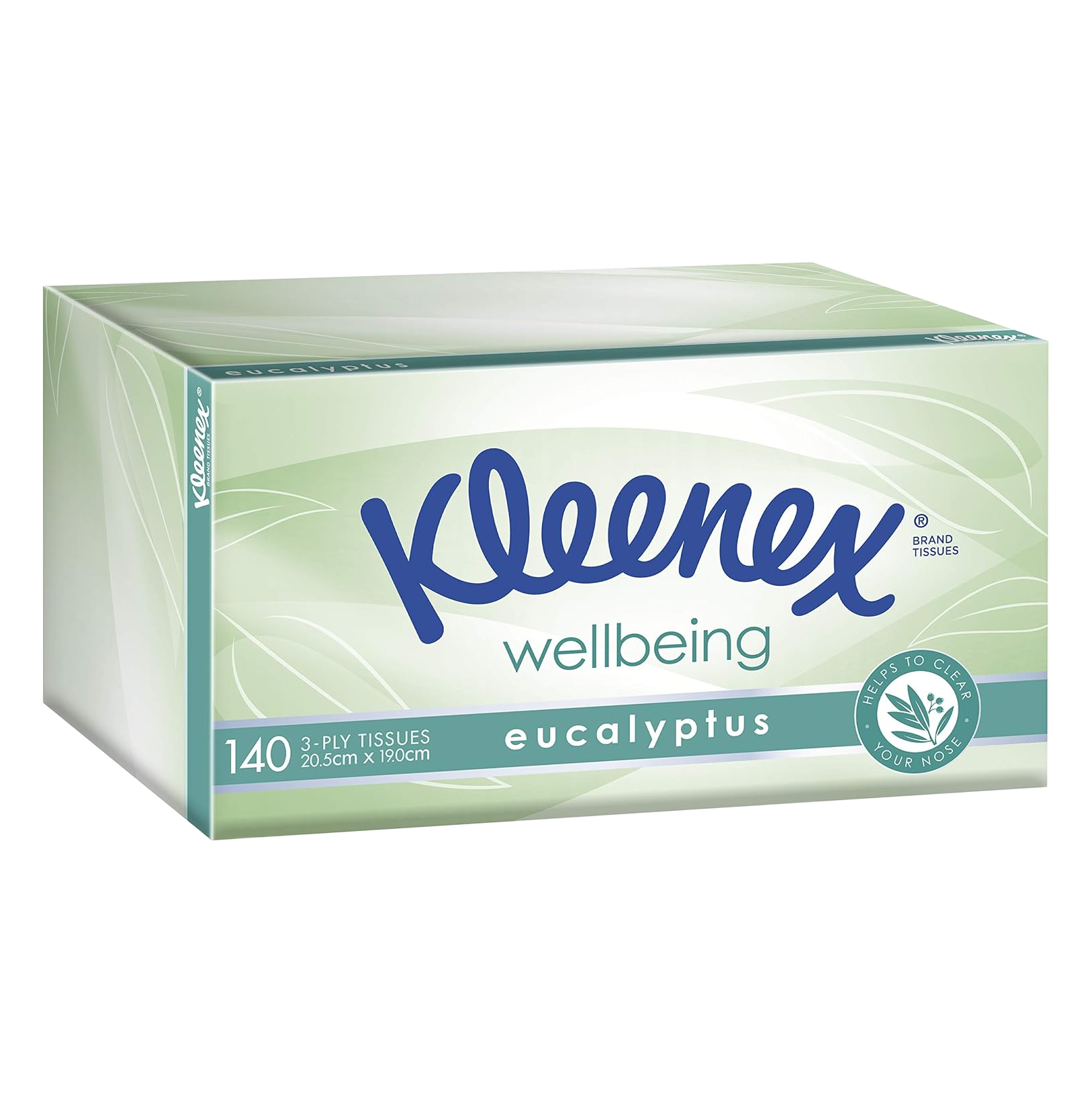 Side perspective view of the larger 140-count Kleenex Wellbeing Eucalyptus tissue box highlighting the 3-ply 20.5cm x 19.0cm specifications.