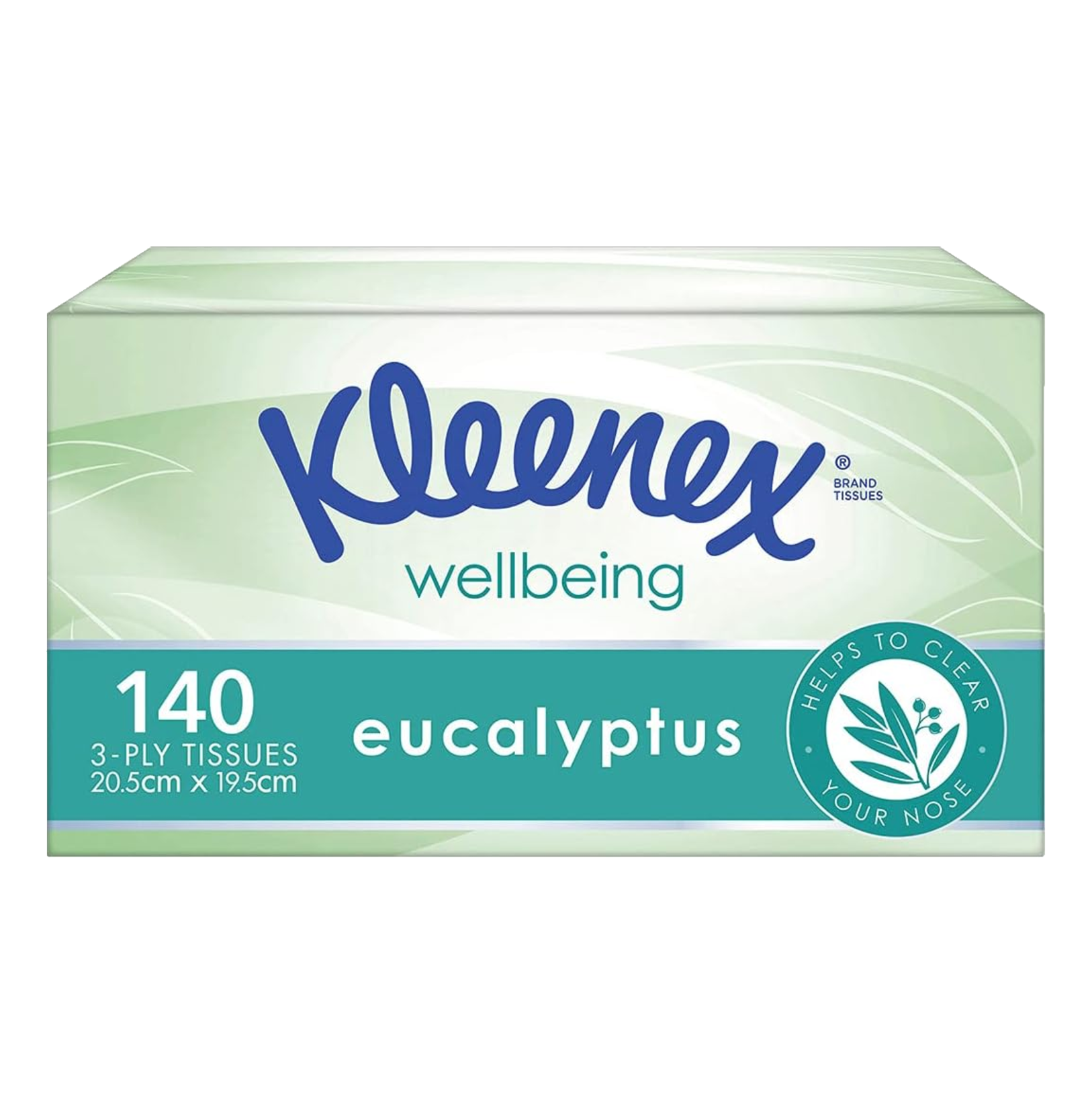 Front-facing view of a Kleenex Wellbeing Eucalyptus 140-count tissue box, featuring 3-ply tissues measuring 20.5cm x 19.5cm.