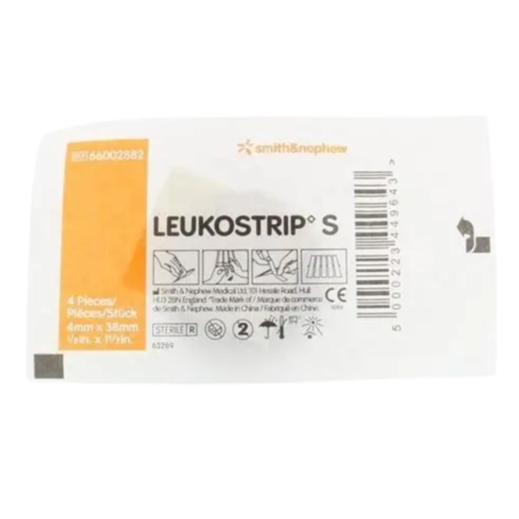 Individual sterile peel-pouch of Smith & Nephew LEUKOSTRIP S wound closure strips, 4mm x 38mm size, featuring application diagrams.