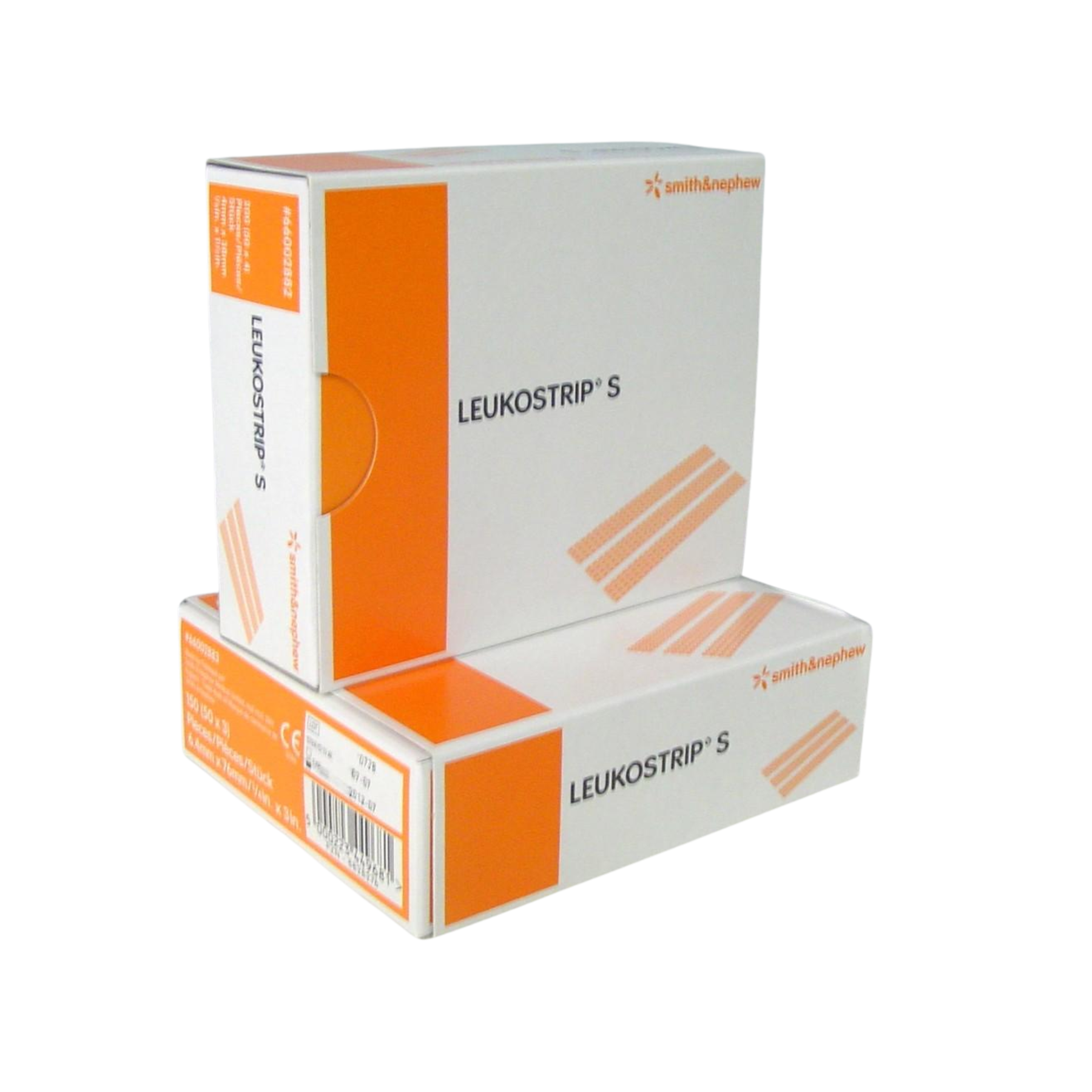 Two retail boxes of LEUKOSTRIP S wound closure strips by Smith & Nephew stacked together, showing orange and white branding.