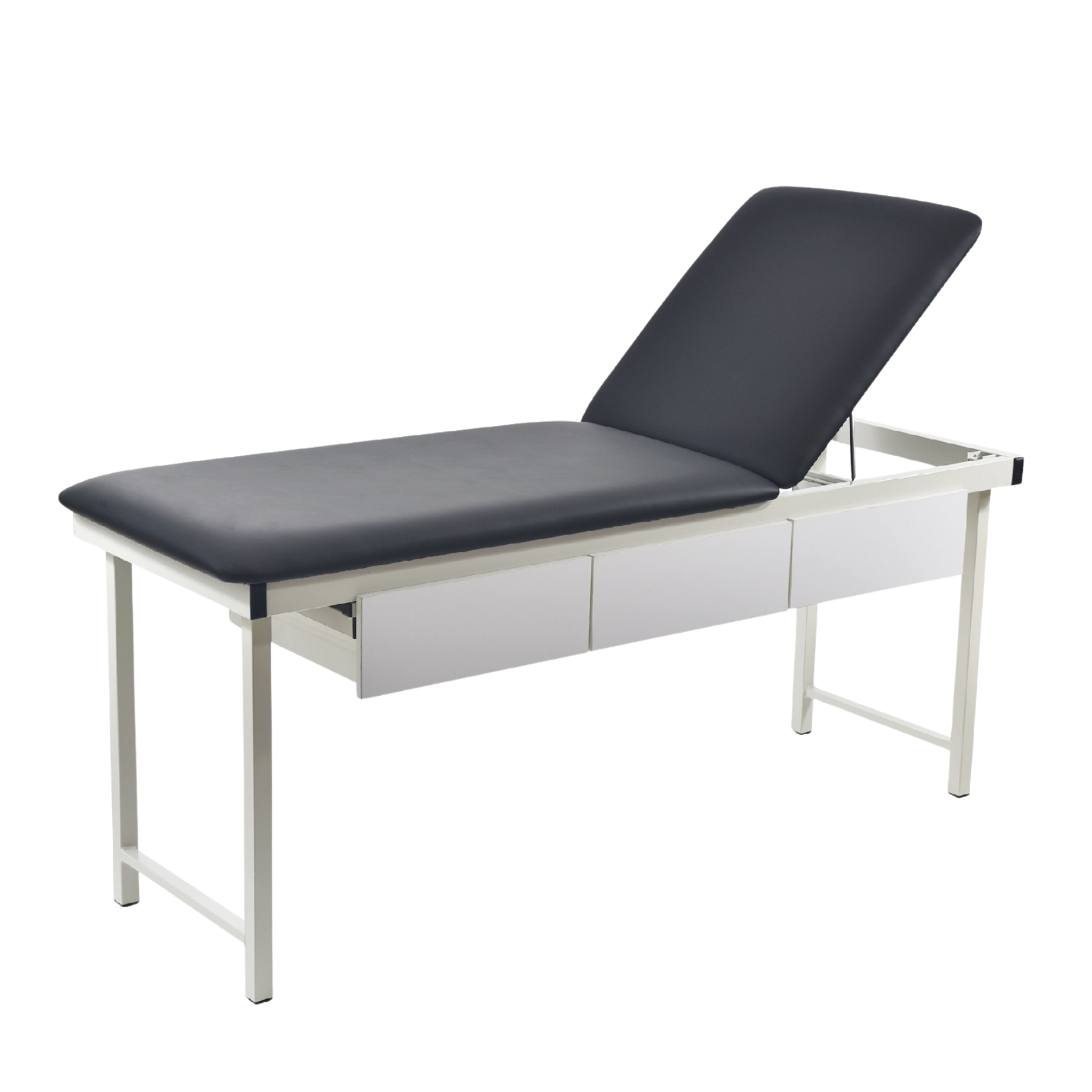 Black medical examination table featuring three white storage drawers and a semi-reclined backrest position.