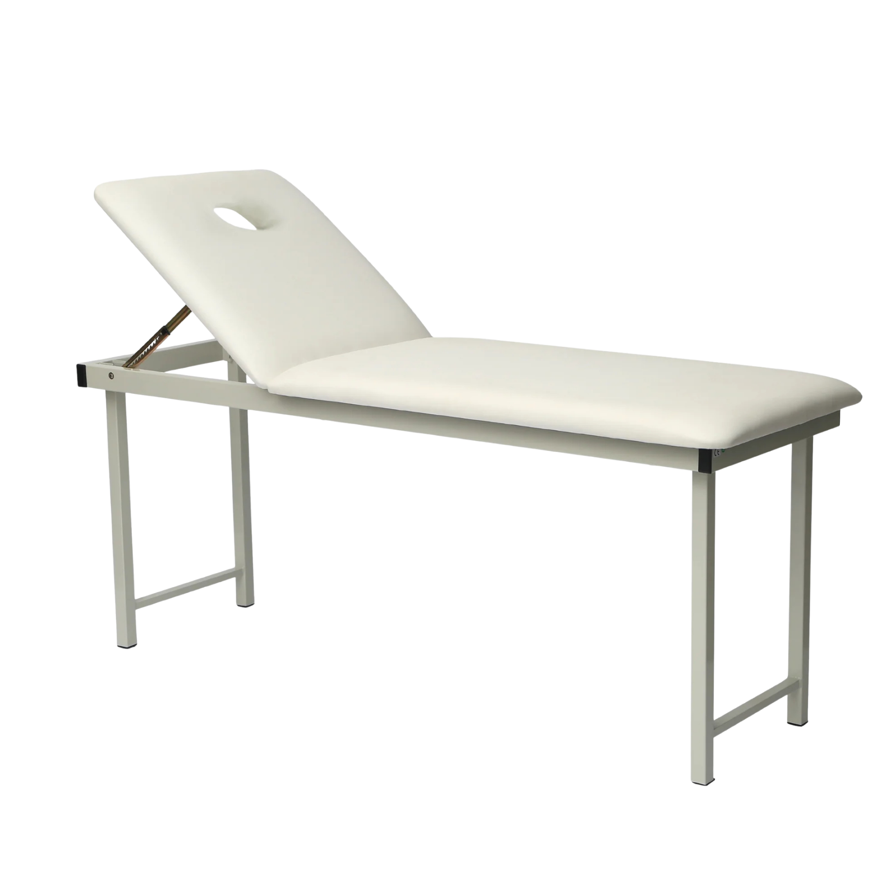 Medical examination couch with white padding, featuring a face hole for prone positioning and a sturdy free-standing base.