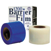 One blue and one clear roll of Medicom 1200 Barrier Film positioned in front of their original product packaging.