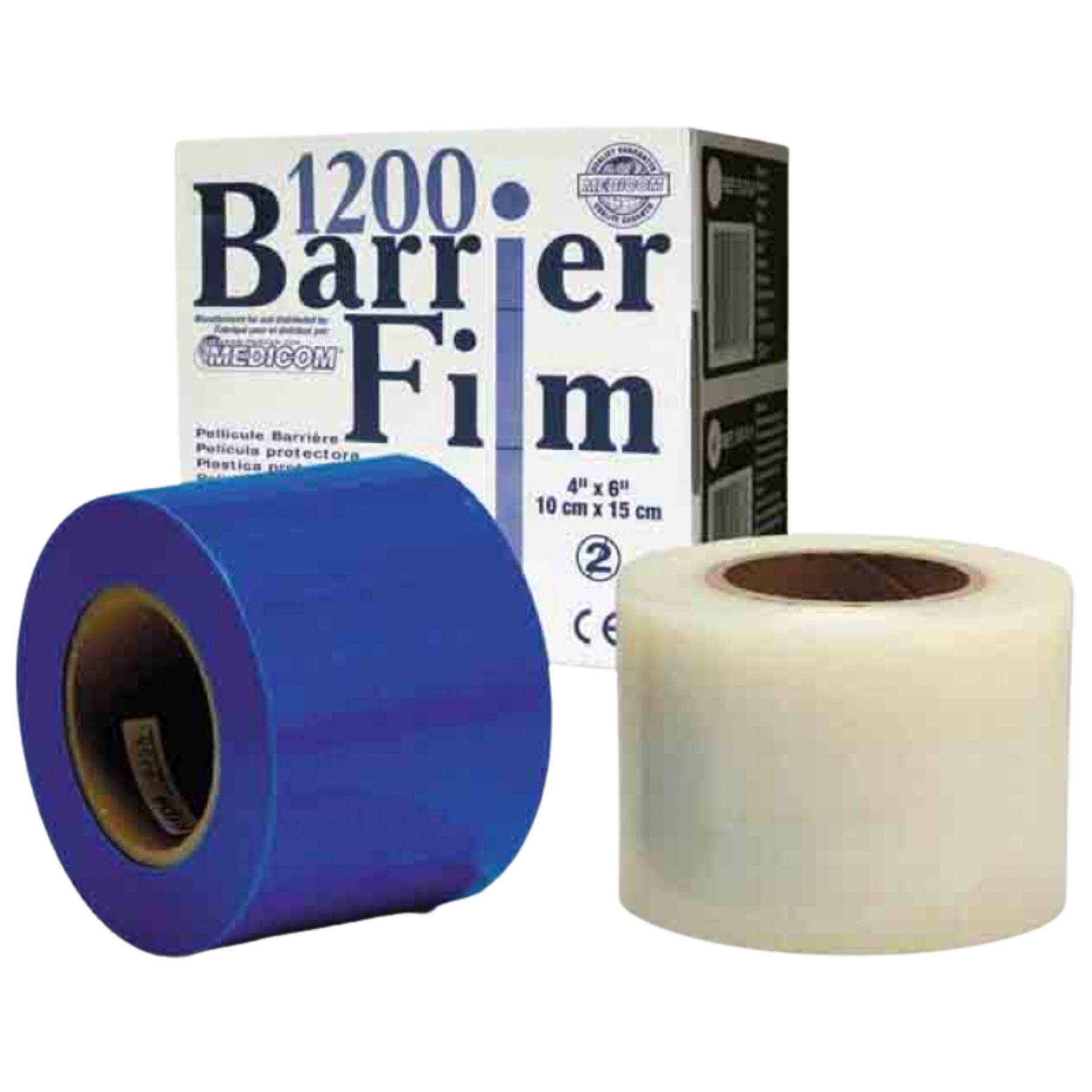 One blue and one clear roll of Medicom 1200 Barrier Film positioned in front of their original product packaging.