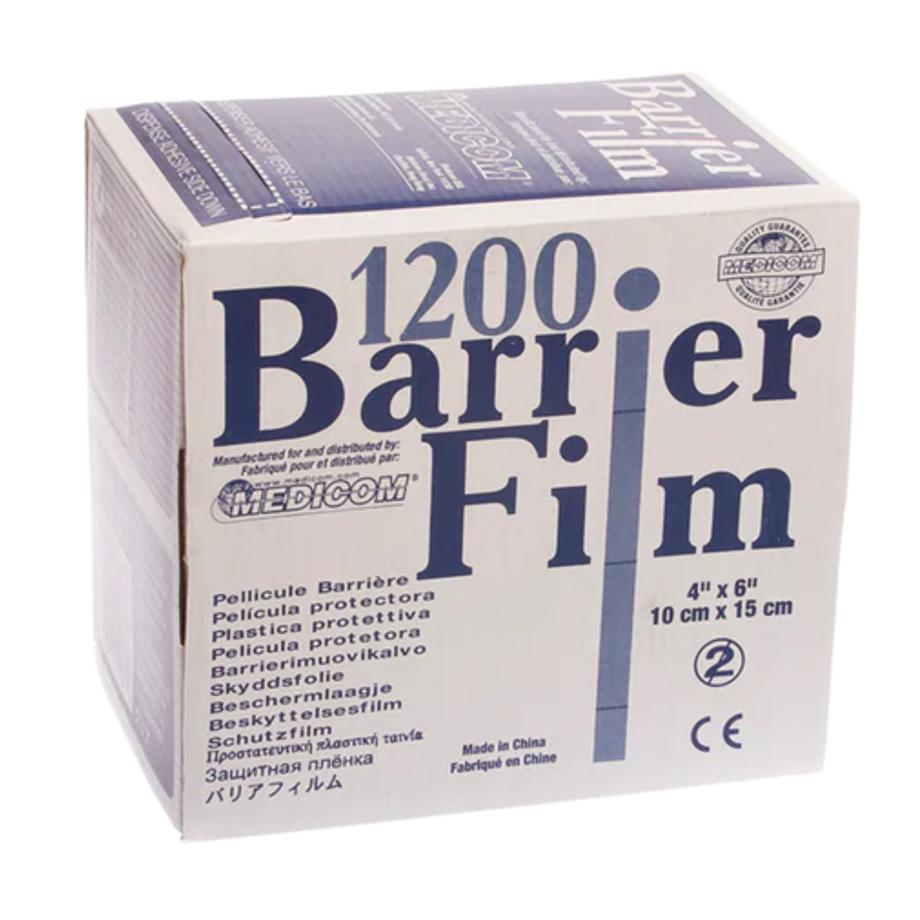The cardboard retail box for Medicom 1200 Barrier Film sheets, showing product dimensions of 4 inches by 6 inches.