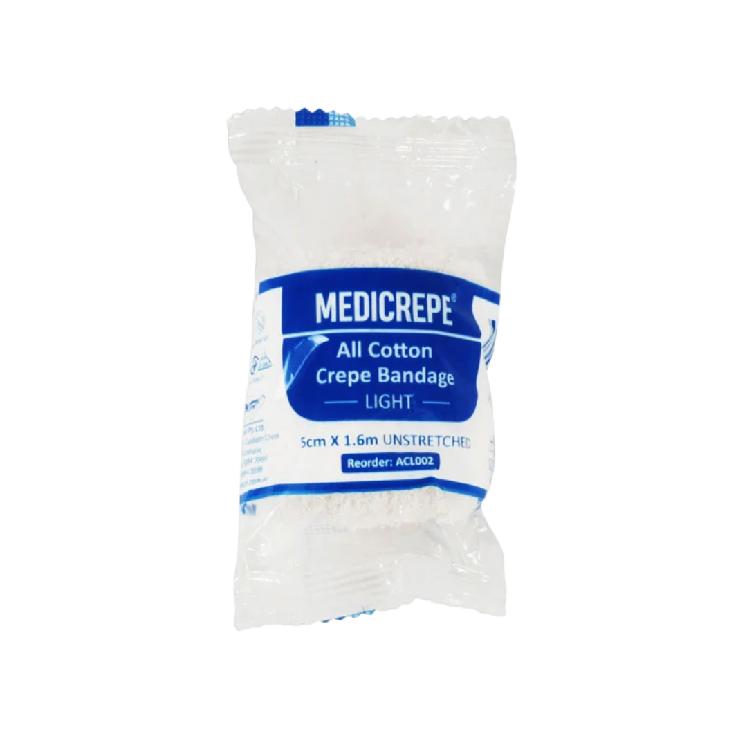 Medicrepe All Cotton Crepe Bandage Light – 5cm width, 1.6m unstretched, perfect for gentle and comfortable wound support.
