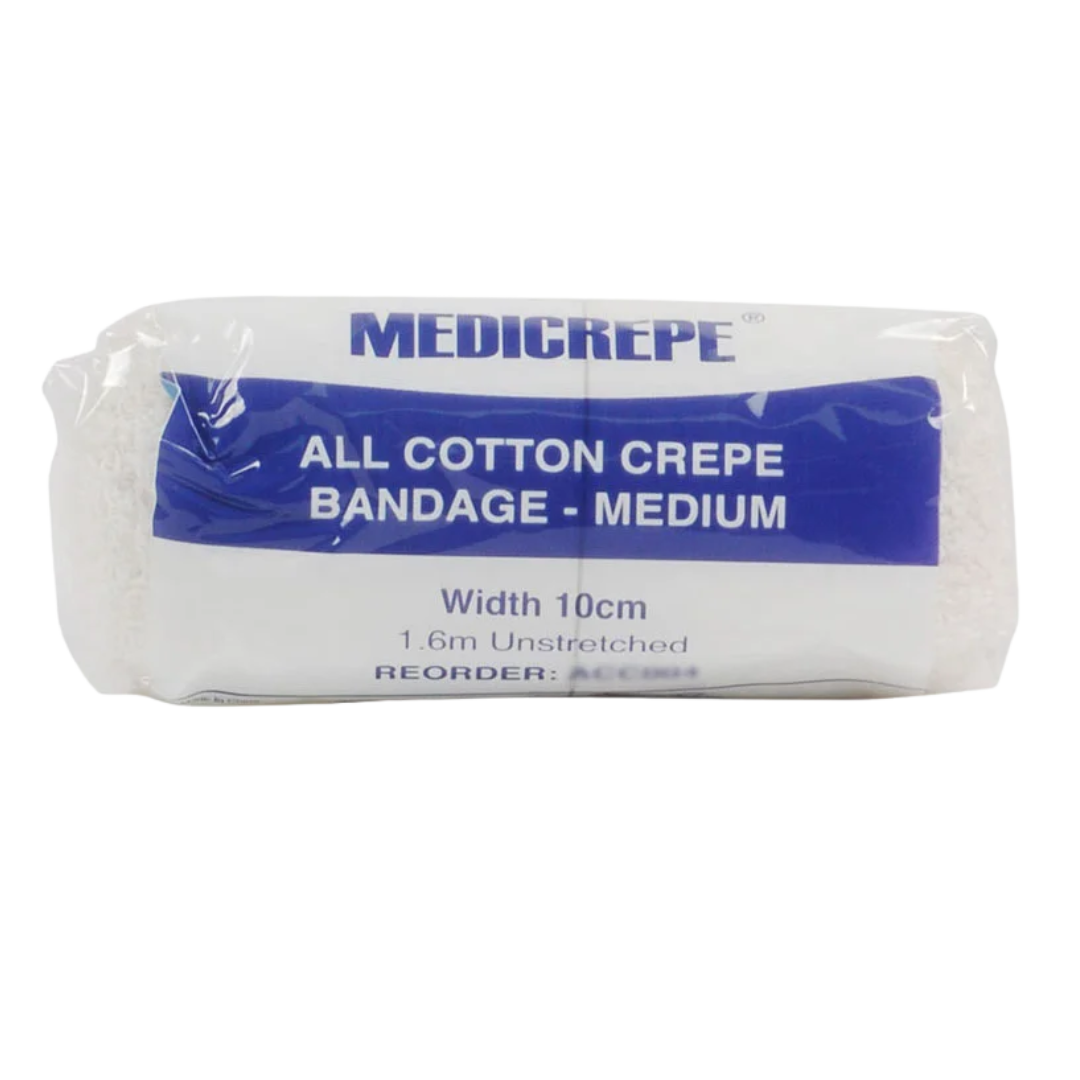 Medicrepe All Cotton Crepe Bandage, Medium – 10cm width, 1.6m unstretched, perfect for secure and comfortable wound dressing.
