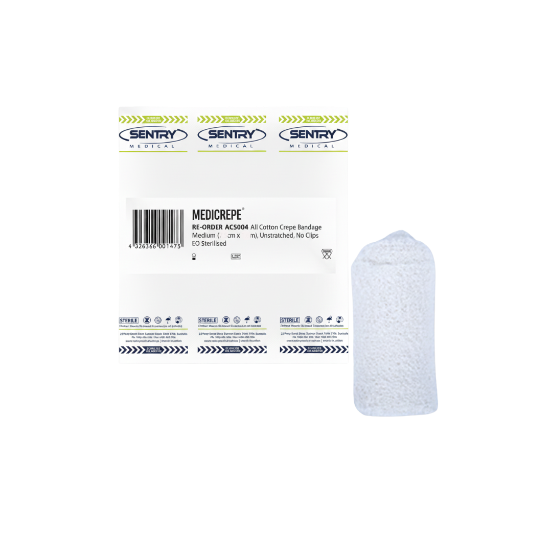 MEDICREPE® Cotton Crepe Bandage, size 10cm x 1.6m unstretched, sterile and durable, ideal for larger wound coverage and support.
