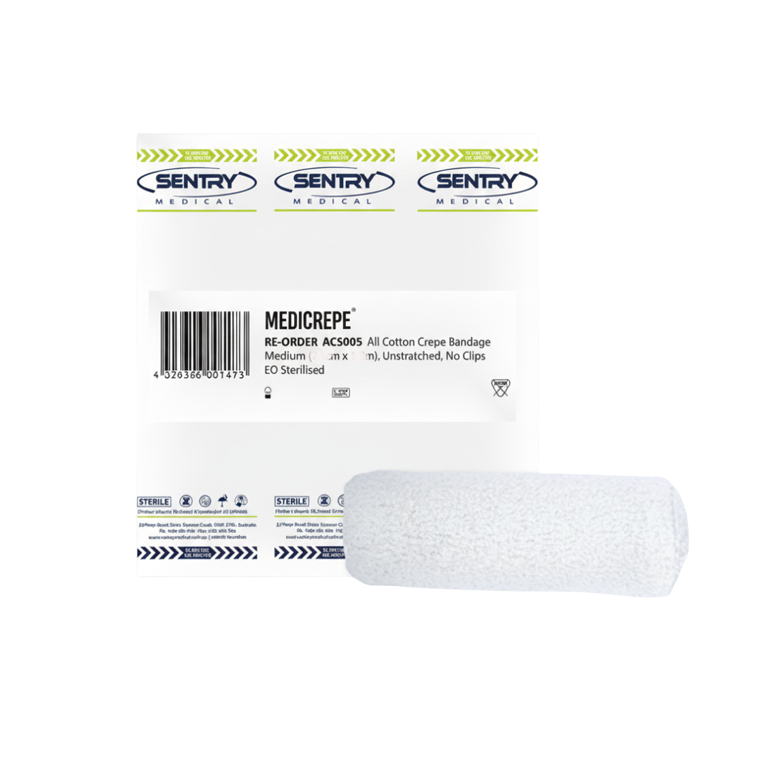 MEDICREPE® Cotton Crepe Bandage, size 15cm x 1.6m unstretched, sterile and breathable, suitable for wide-area dressing and compression.

