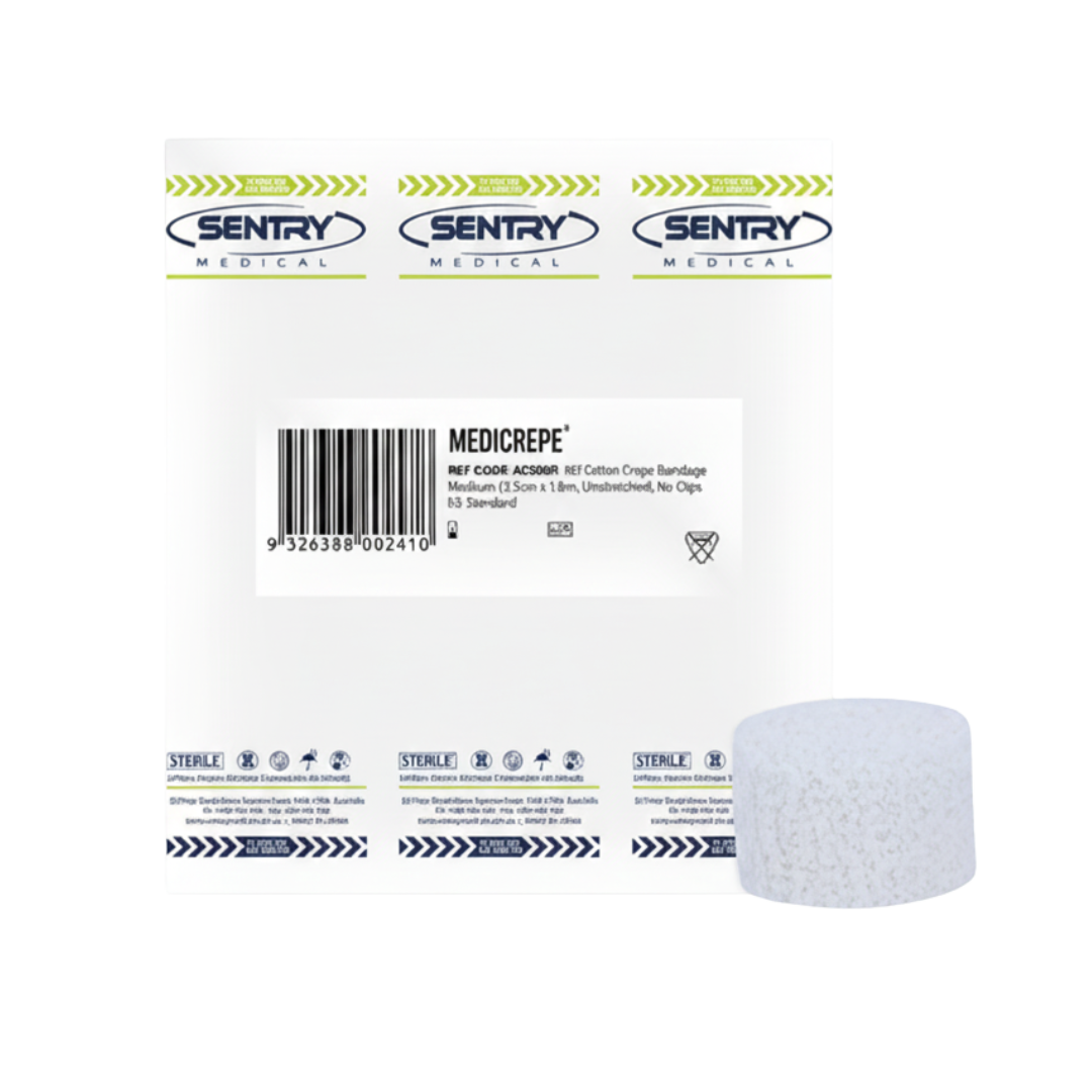 MEDICREPE® Cotton Crepe Bandage, size 2.5cm x 1.6m unstretched, sterile and breathable, ideal for secure wound dressing and light compression.
