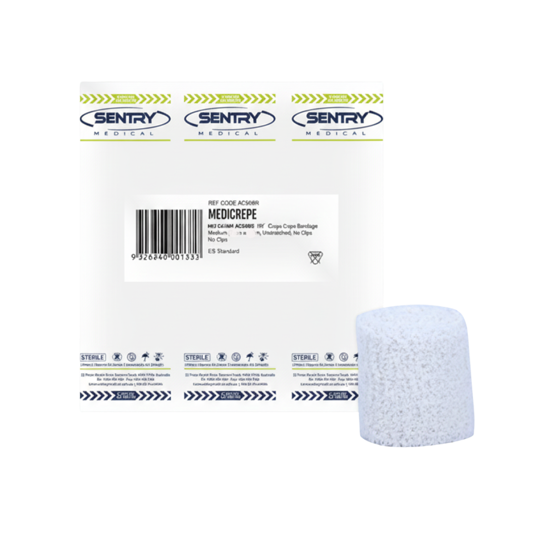 MEDICREPE® Cotton Crepe Bandage, size 5cm x 1.6m unstretched, sterile and flexible, perfect for dressing retention and mild support.
