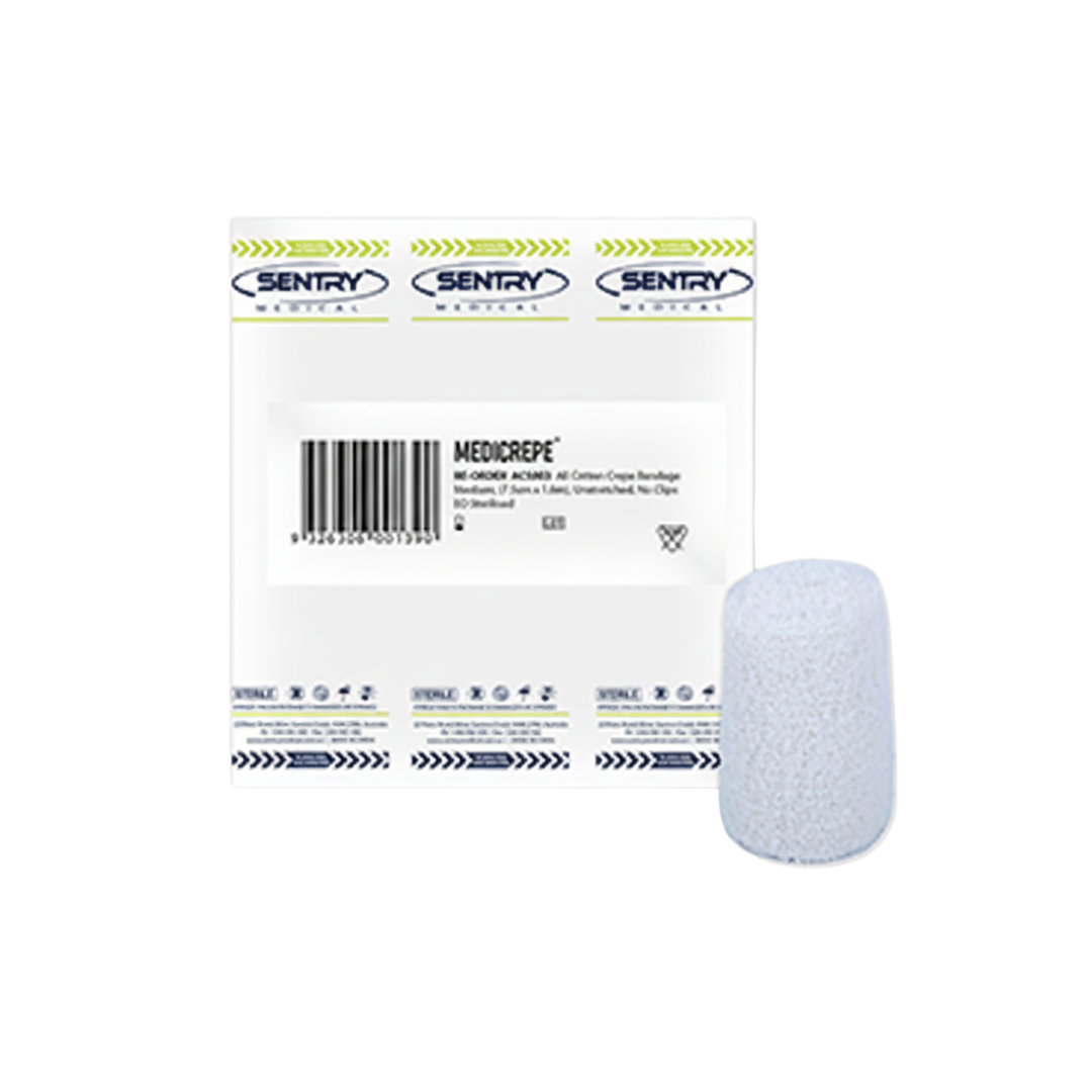 MEDICREPE® Cotton Crepe Bandage, size 7.5cm x 1.6m unstretched, sterile and comfortable, designed for secure wound care and compression.

