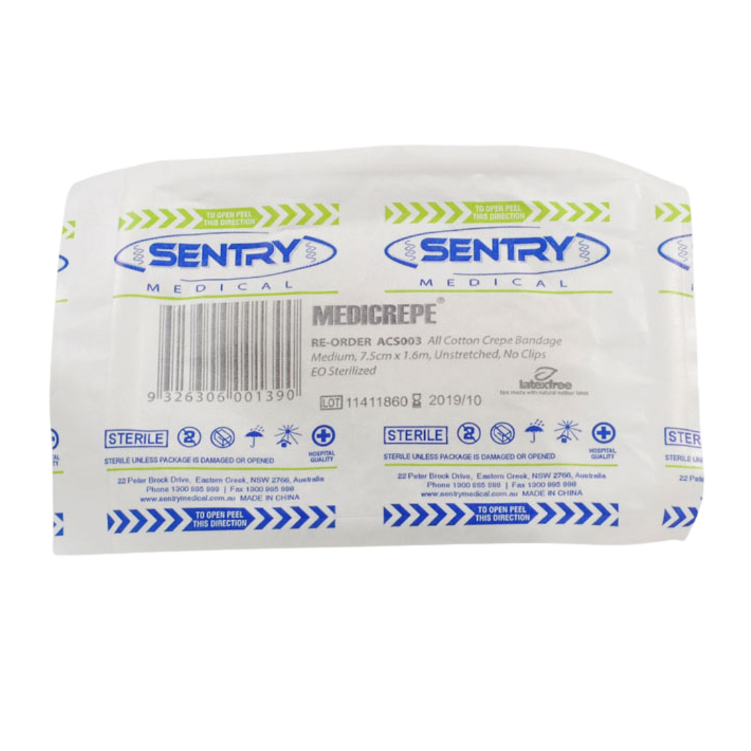 Sterile packaging of MEDICREPE® Cotton Crepe Bandage, size 7.5cm x 1.6m unstretched, highlighting product details and Sentry Medical branding.

