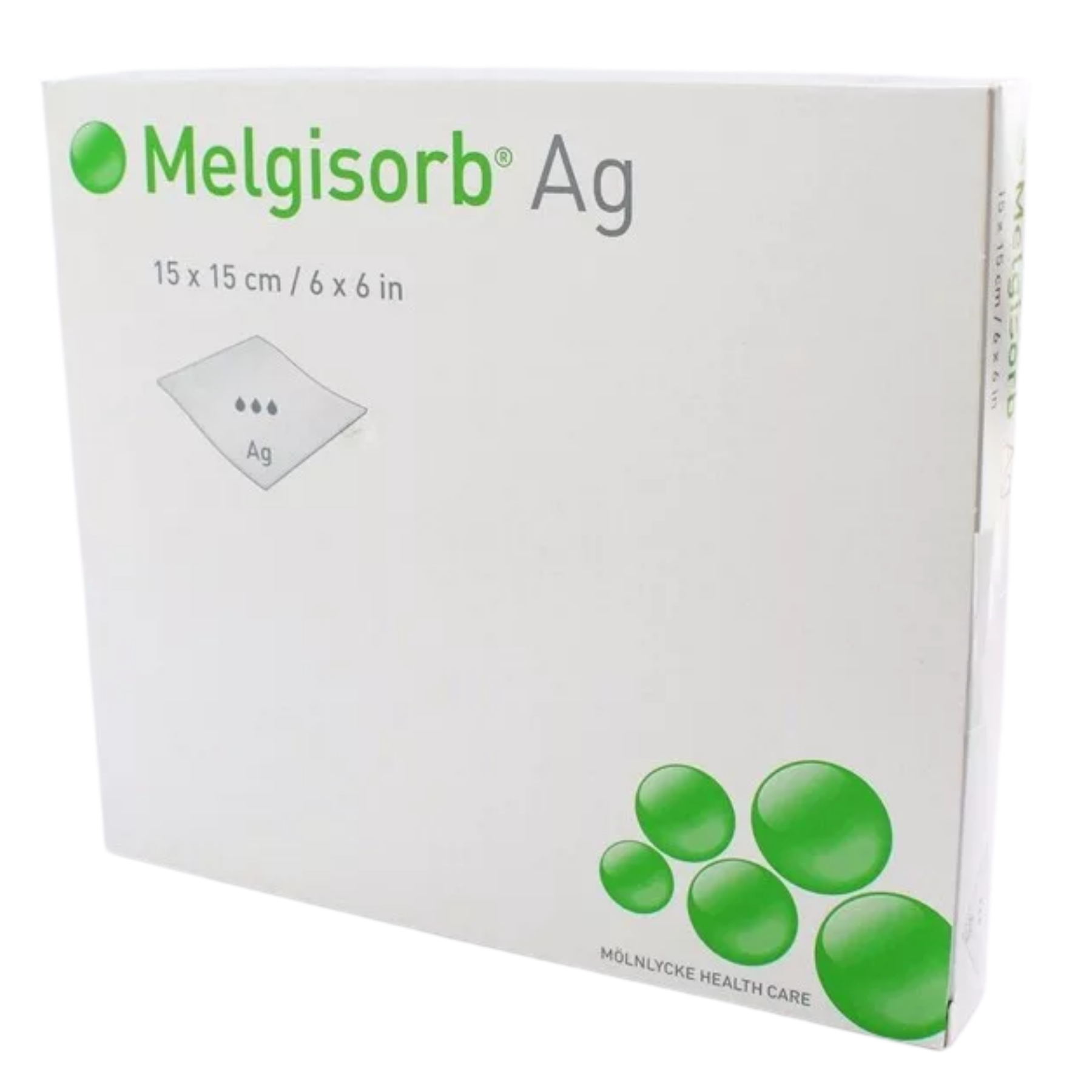 Packaging for Melgisorb Ag antimicrobial dressing, 15 x 15 cm (6 x 6 in) square size.