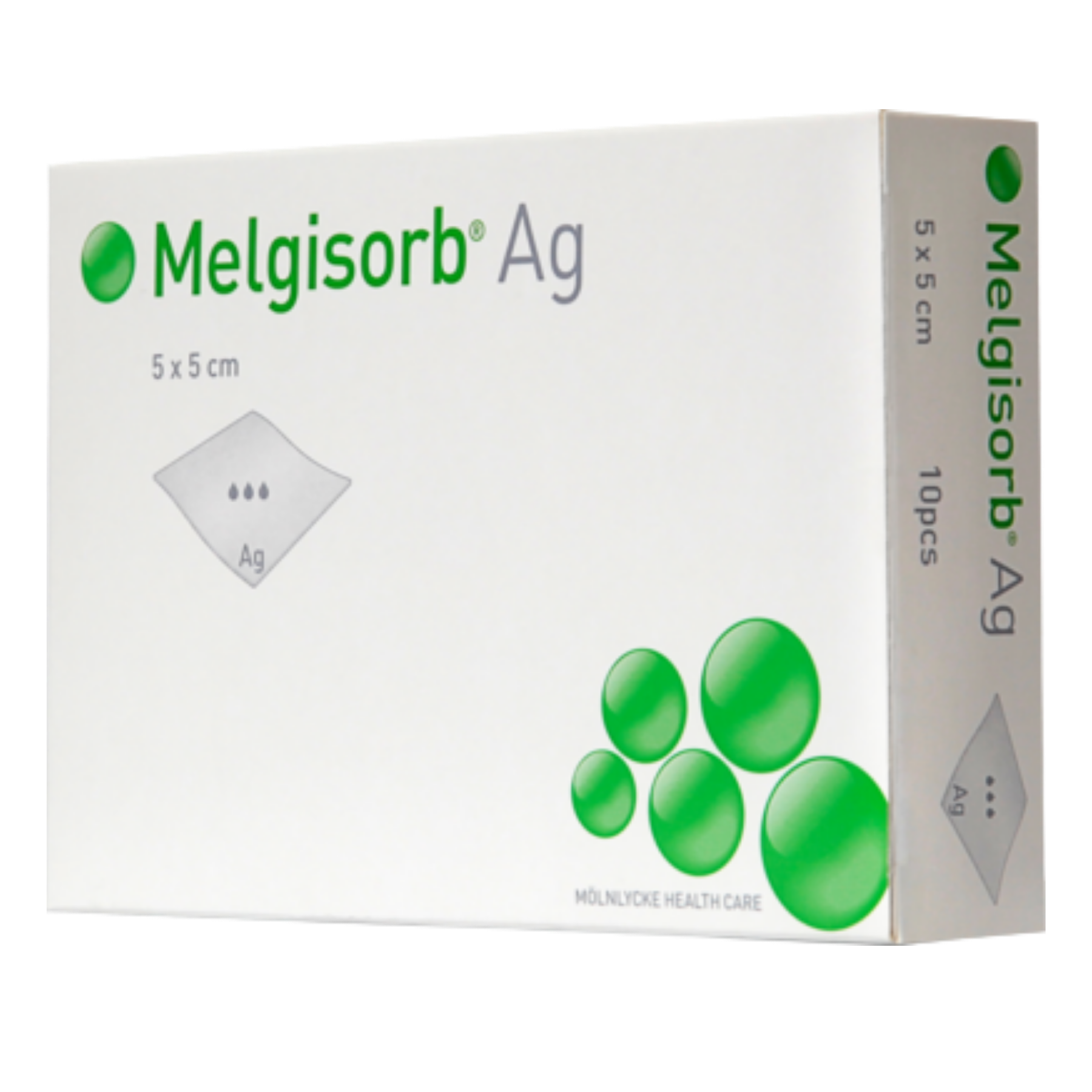 Side angle view of Melgisorb Ag antimicrobial silver alginate dressing box, 5 x 5 cm size, 10 pieces.