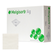 Melgisorb Ag 5 x 5 cm box shown with an individual white square antimicrobial alginate dressing patch.
