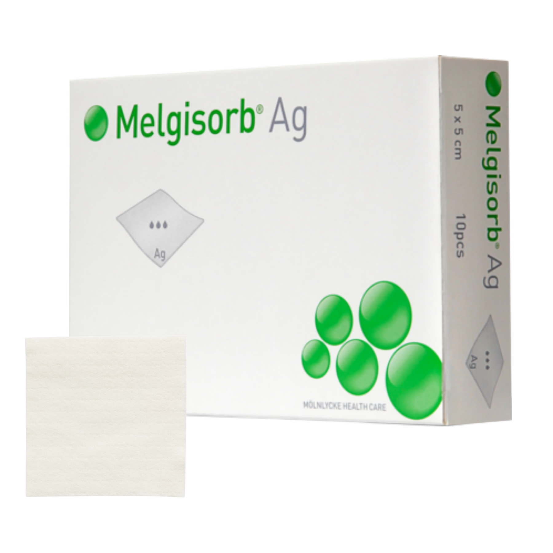 Melgisorb Ag 5 x 5 cm box shown with an individual white square antimicrobial alginate dressing patch.