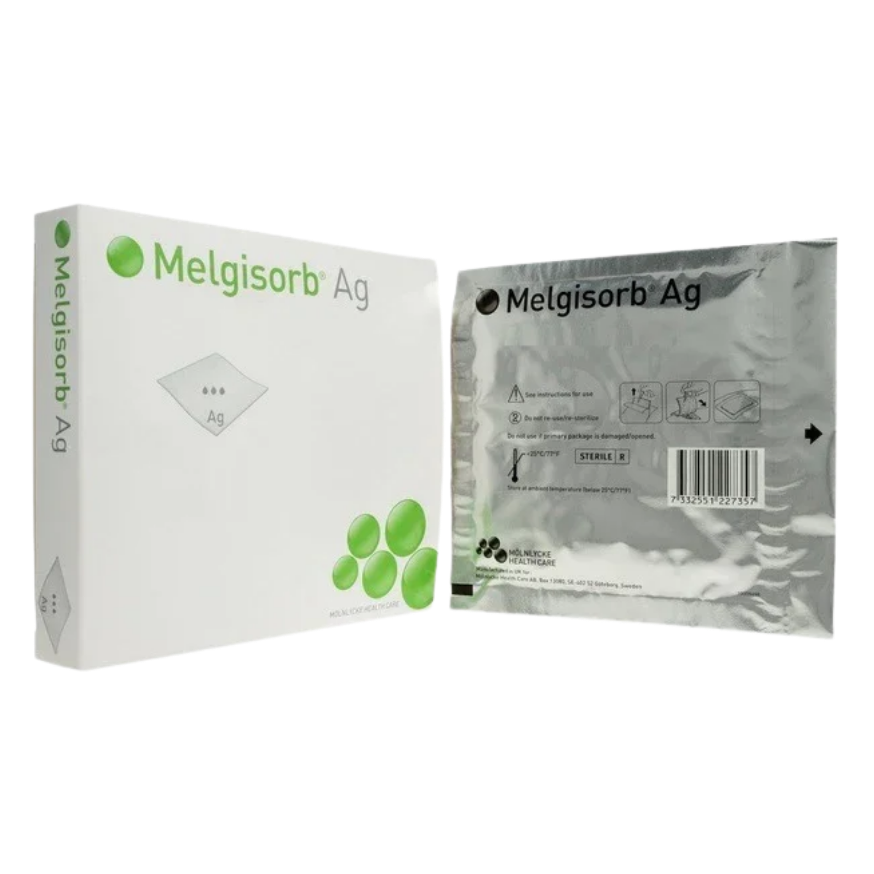 Melgisorb Ag box shown next to its individual sterile silver foil packaging pouch with barcode.