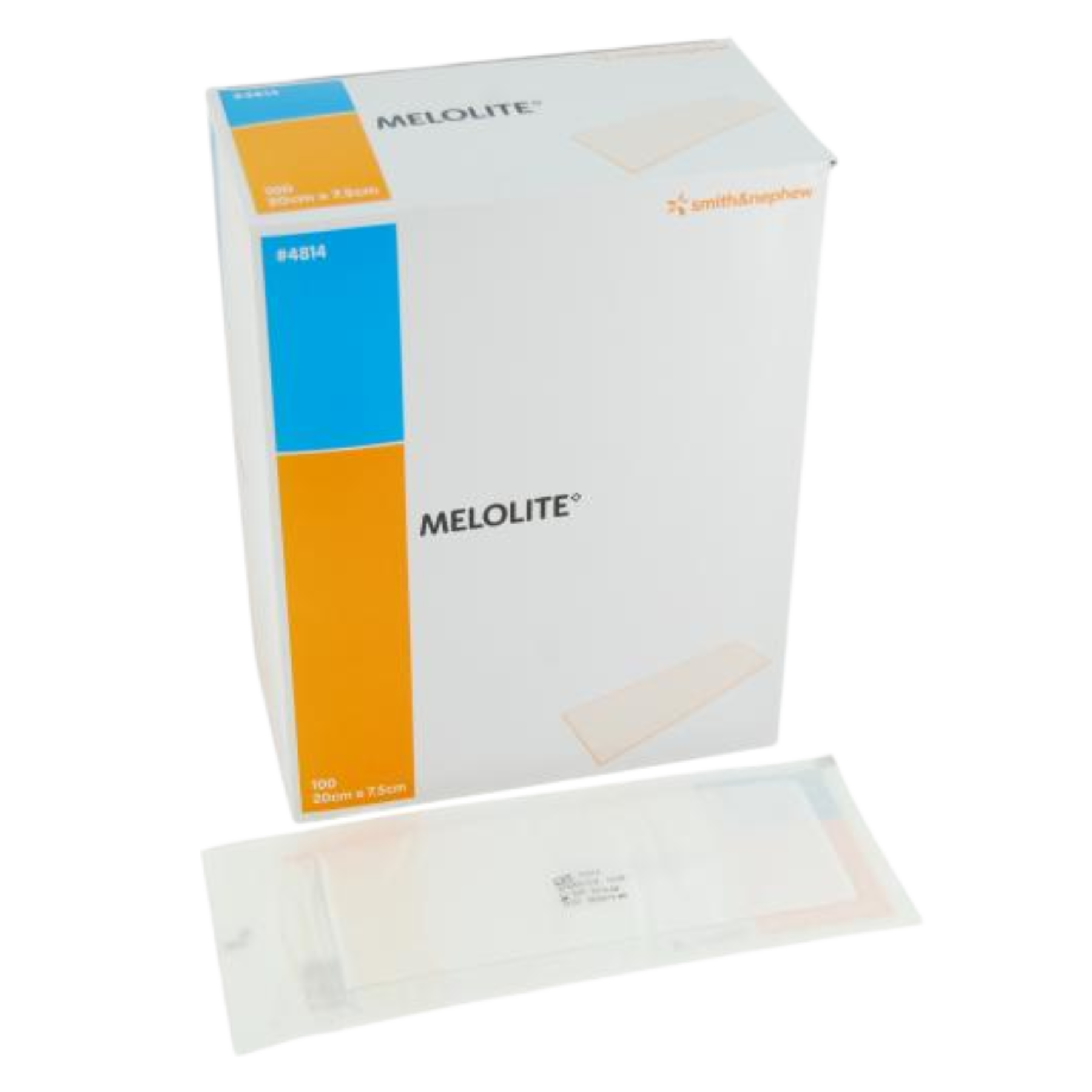 Large box of Smith & Nephew MELOLITE Sterile absorbent dressings, 20cm x 7.5cm size, 100 dressings per box, Ref #4814.