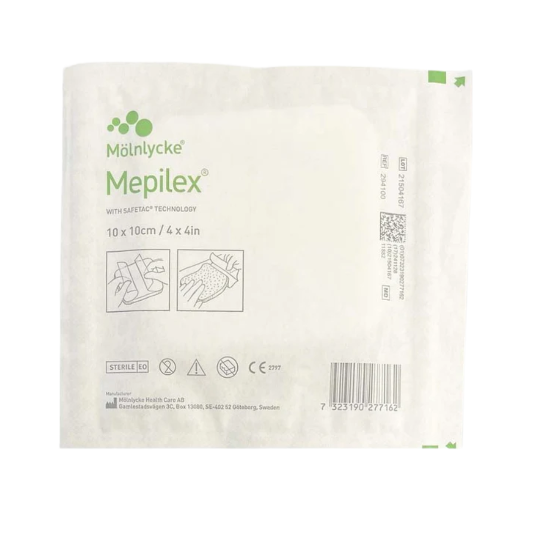 Sterile packaging for a 10 x 10cm / 4 x 4in Mölnlycke Mepilex foam dressing with Safetac Technology.