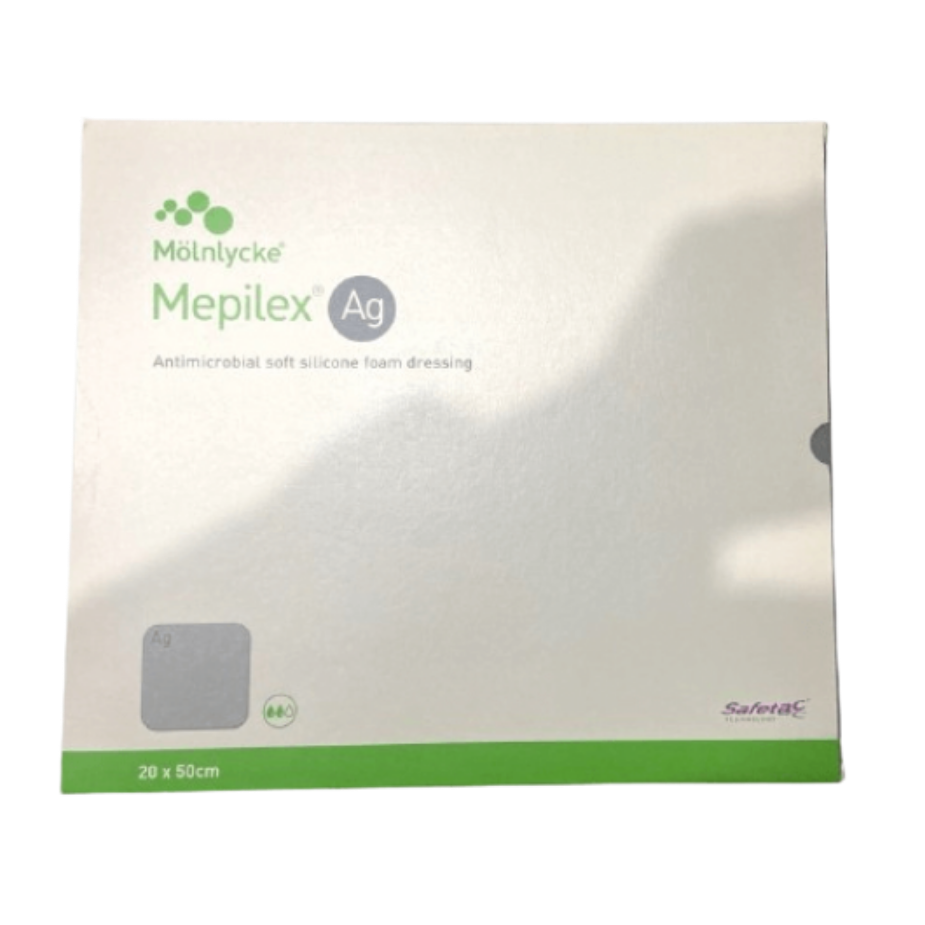 A large 20 by 50 cm box of Mölnlycke Mepilex Ag antimicrobial soft silicone foam dressing with the brand logo and Safetac technology label.