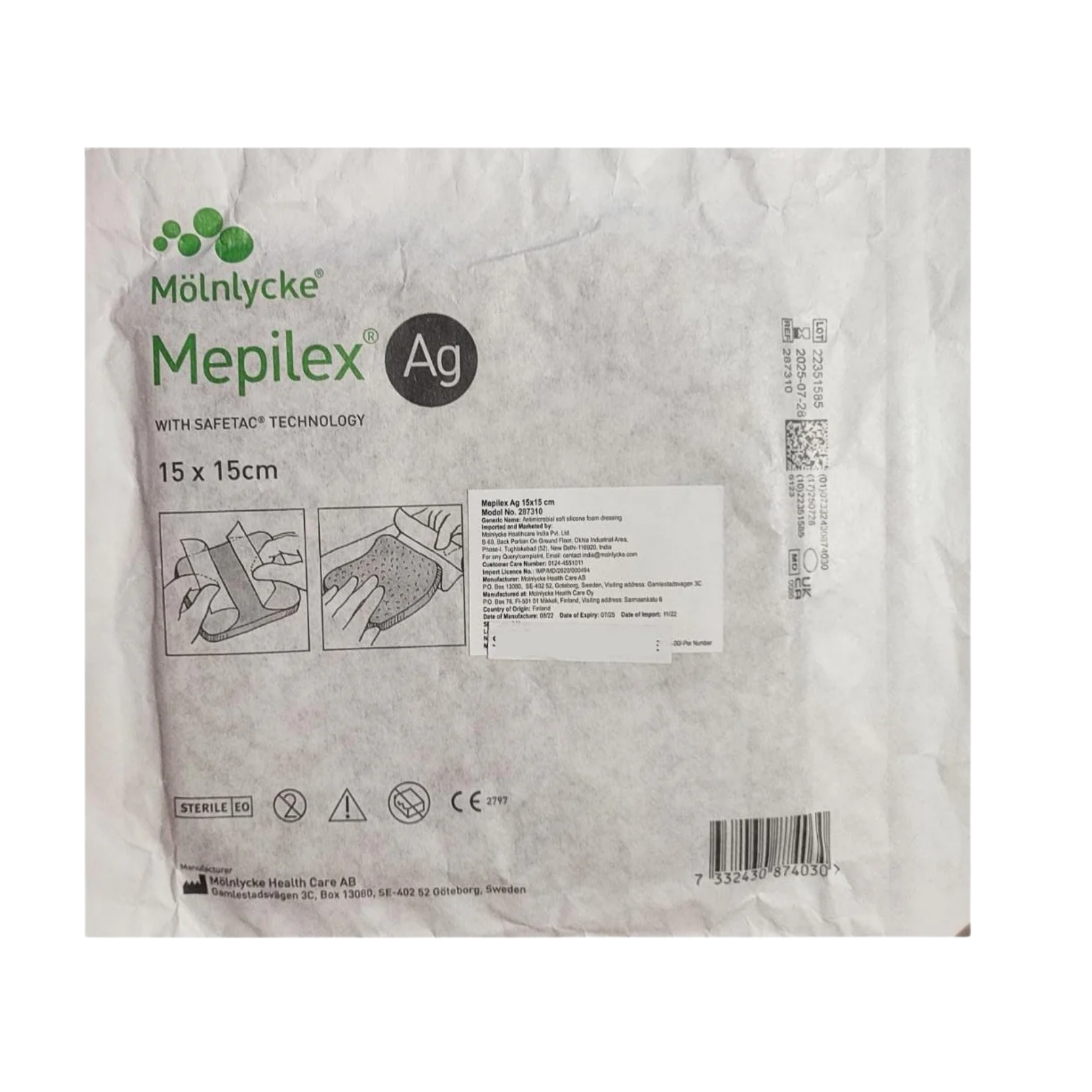 The sterile individual packaging for a Mepilex Ag 15 by 15 cm dressing, featuring Safetac technology and application diagrams on the front.