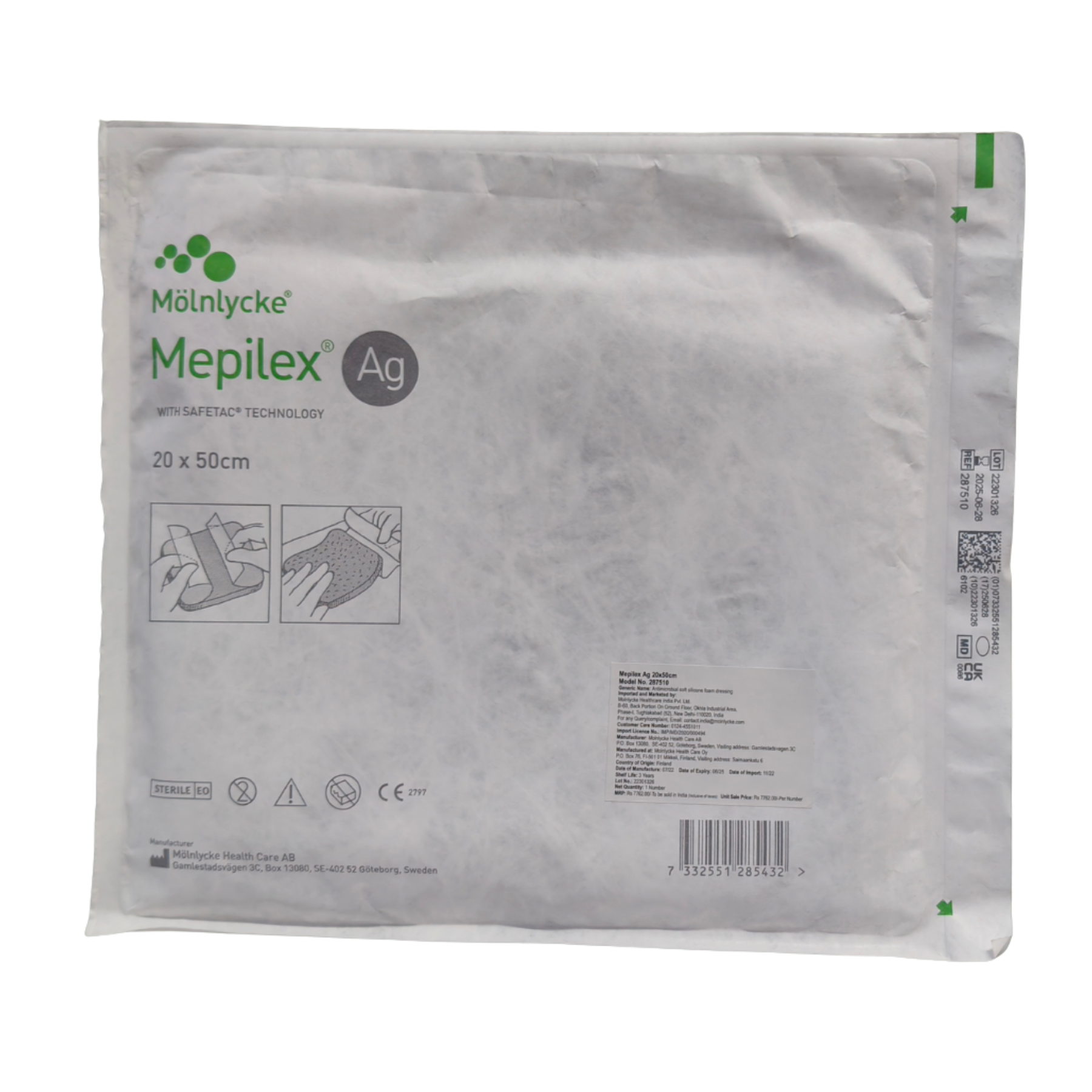 The sterile individual paper packaging for a 20 by 50 cm Mepilex Ag dressing featuring product details and application illustrations.
