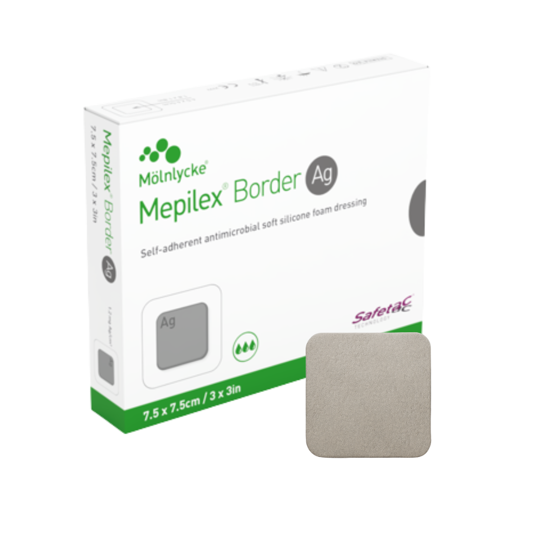 The box for Mölnlycke Mepilex Border Ag 7.5 x 7.5cm dressing shown next to a single pad.