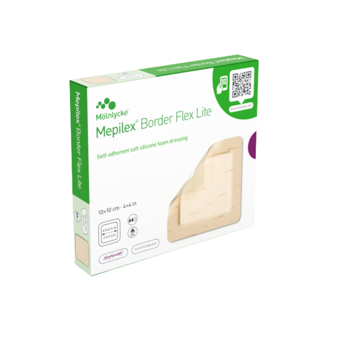 Box for Mepilex Border Flex Lite, a 10x10cm self-adherent soft silicone foam dressing, highlighting its features.